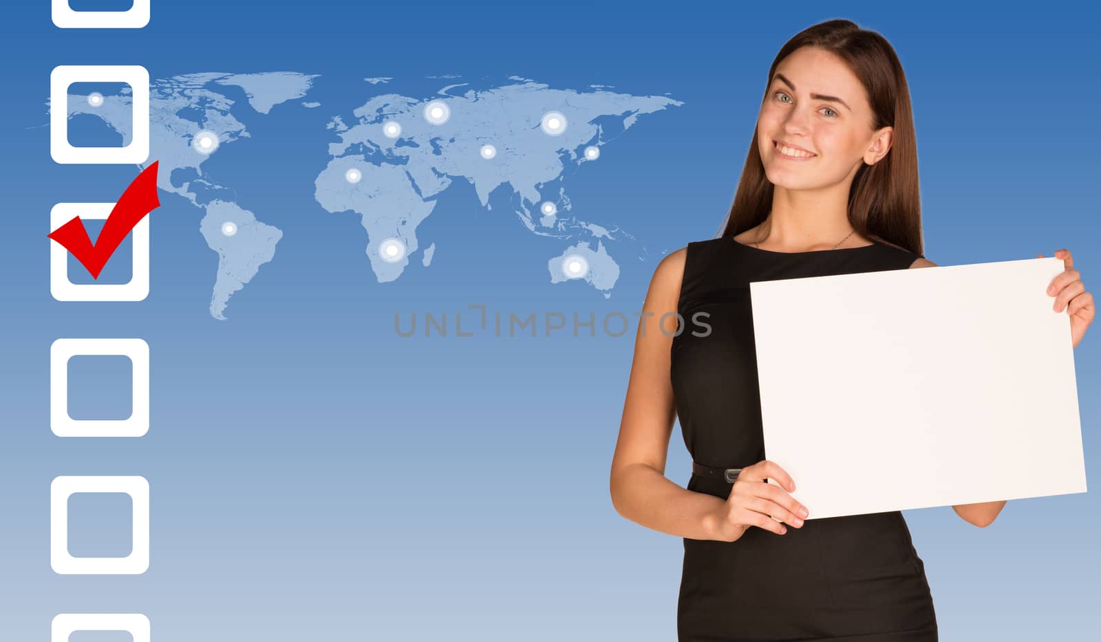 Businesswoman with checkboxes and world map by cherezoff