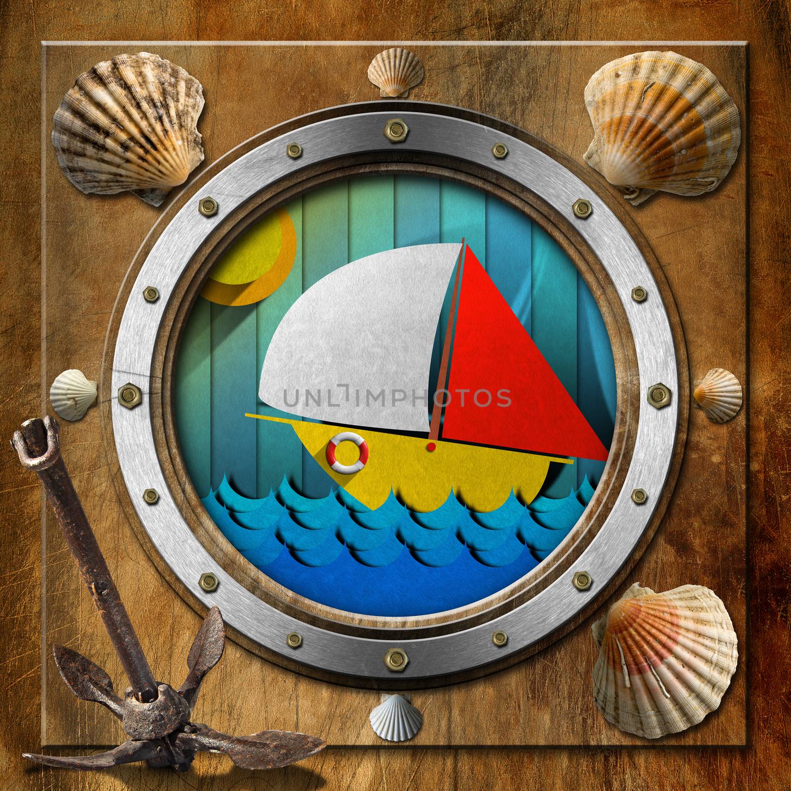 Brown and metallic porthole with bolts, seashells, rusty anchor and stylized sailboat on the waves of the sea
