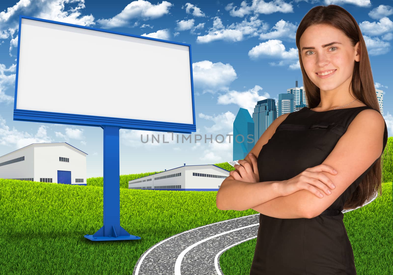 Businesswoman with blank billboard by cherezoff