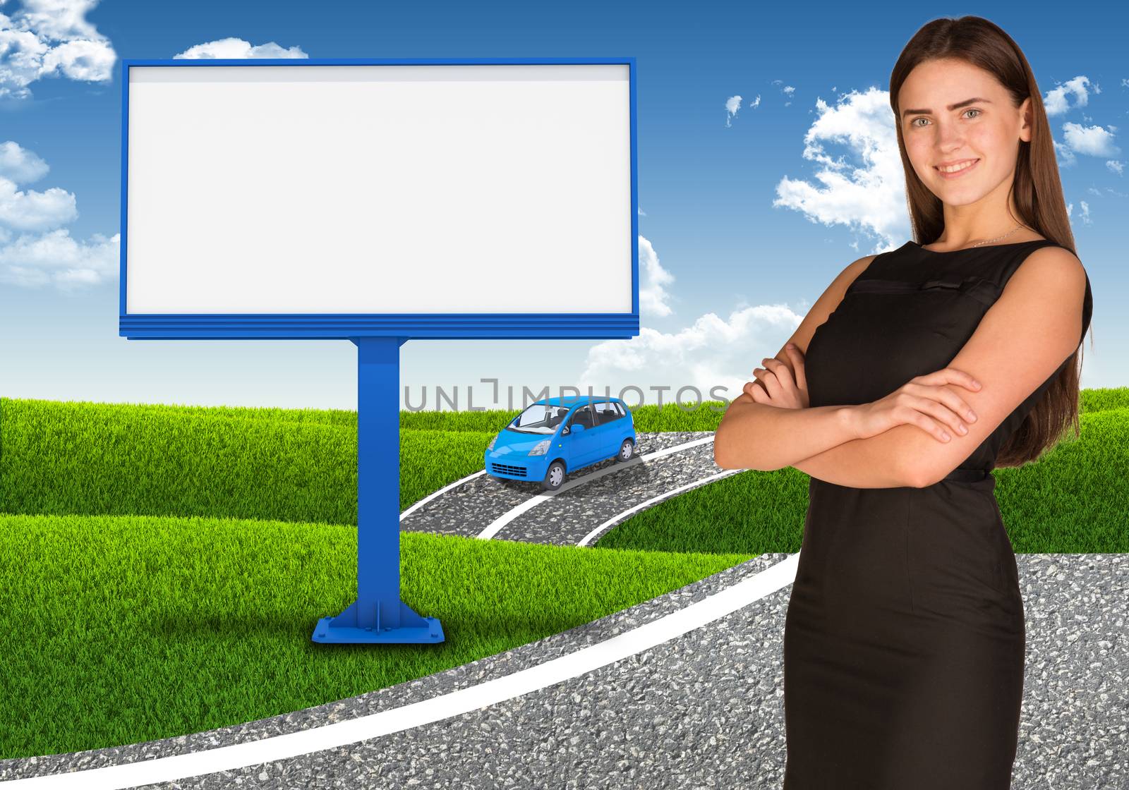 Businesswoman stand crossed his arms. Small car and empty billboard as backdrop