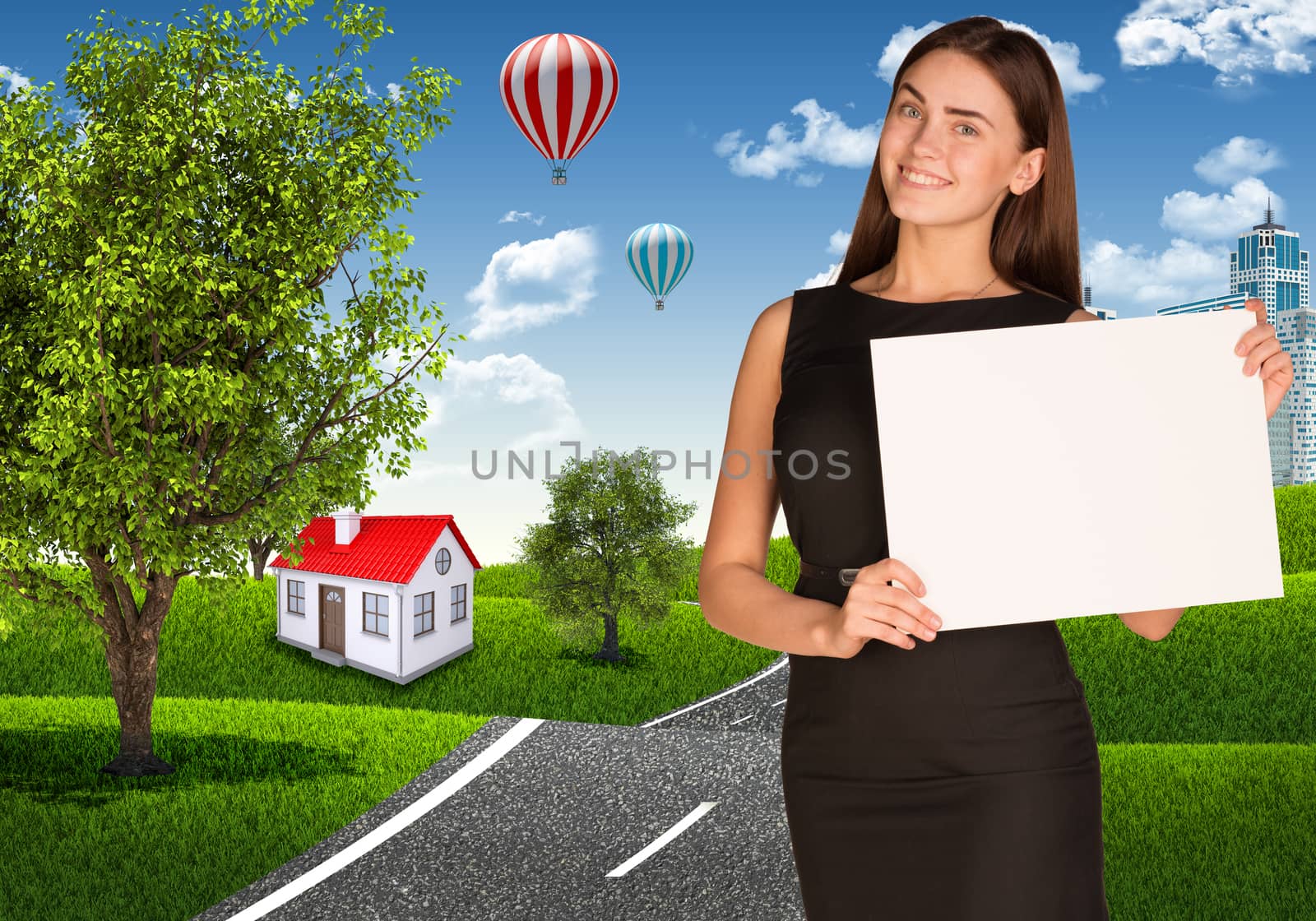 Businesswoman holding paper sheet. Road near the small house as backdrop