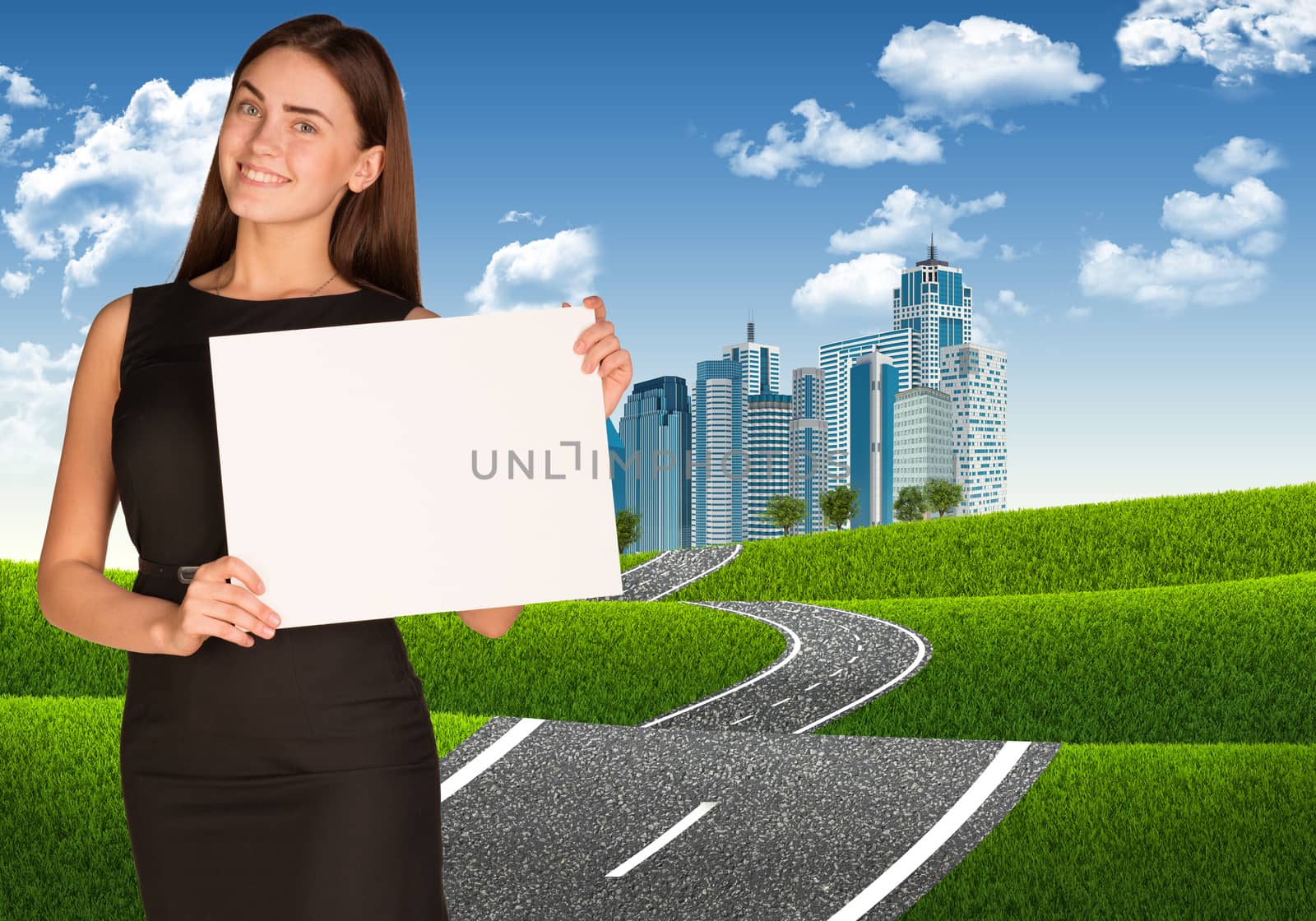 Businesswoman holding paper sheet. Road leading to business center