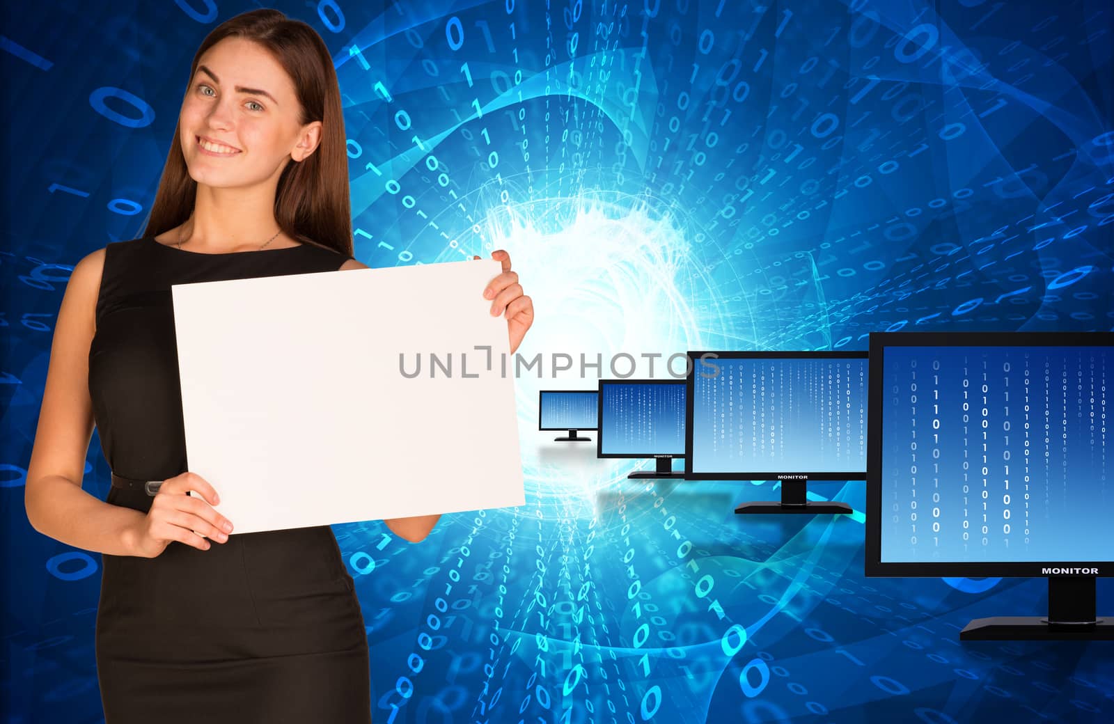 Businesswoman with rows monitors and glowing figures  by cherezoff