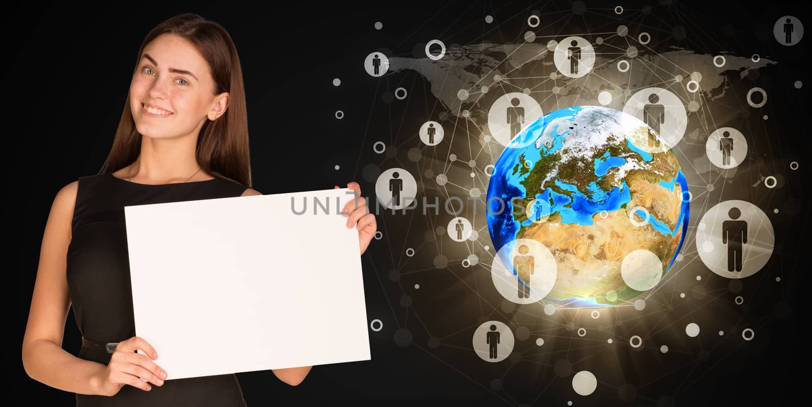 Businesswoman holding paper sheet. Earth and contacts as backdrop. Elements of this image are furnished by NASA