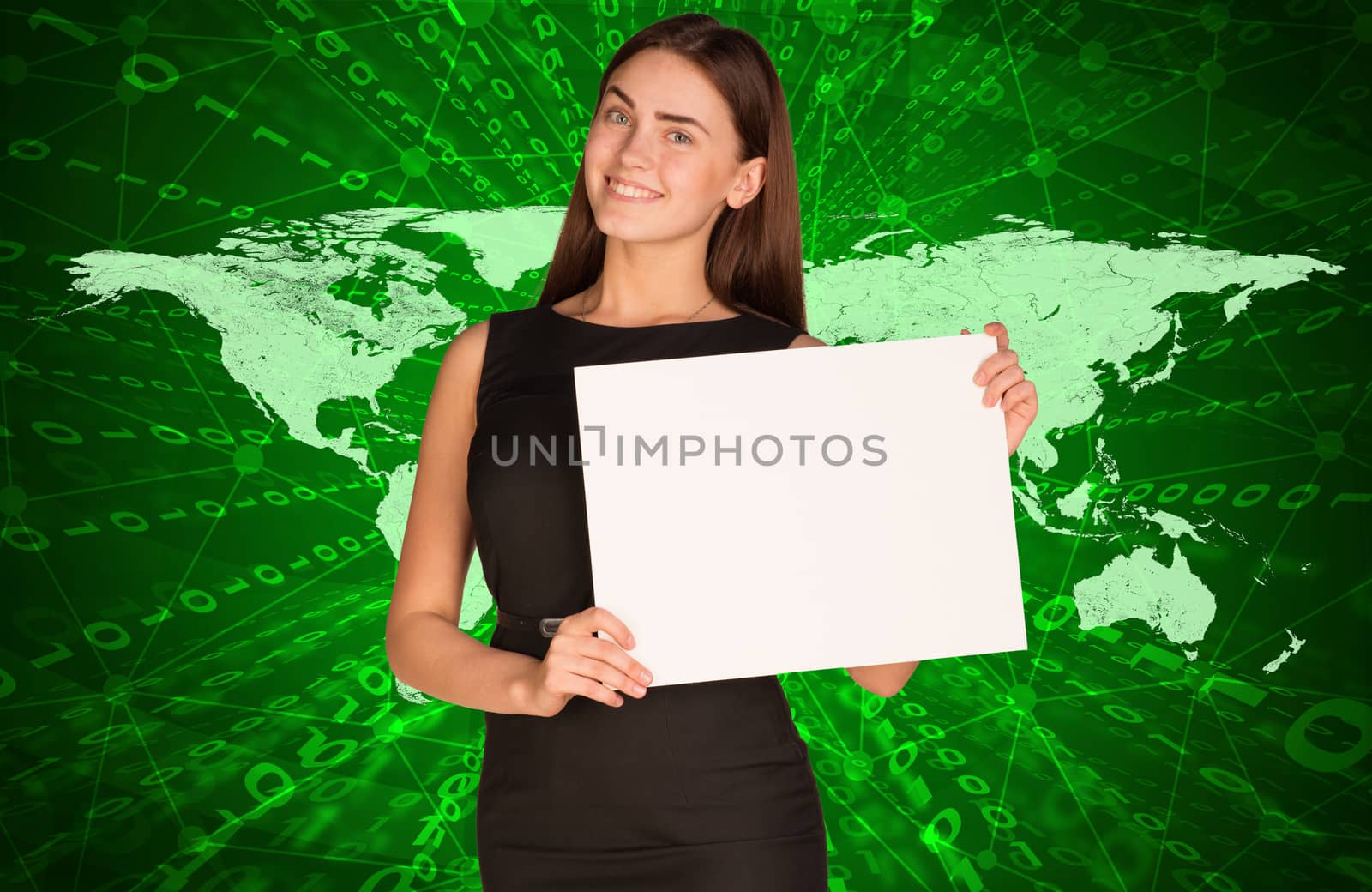 Businesswoman holding paper sheet. World map with glowing figures
