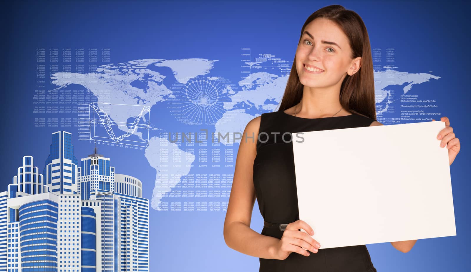 Businesswoman hold paper sheet. World map, skyscrapers and graphs as backdrop