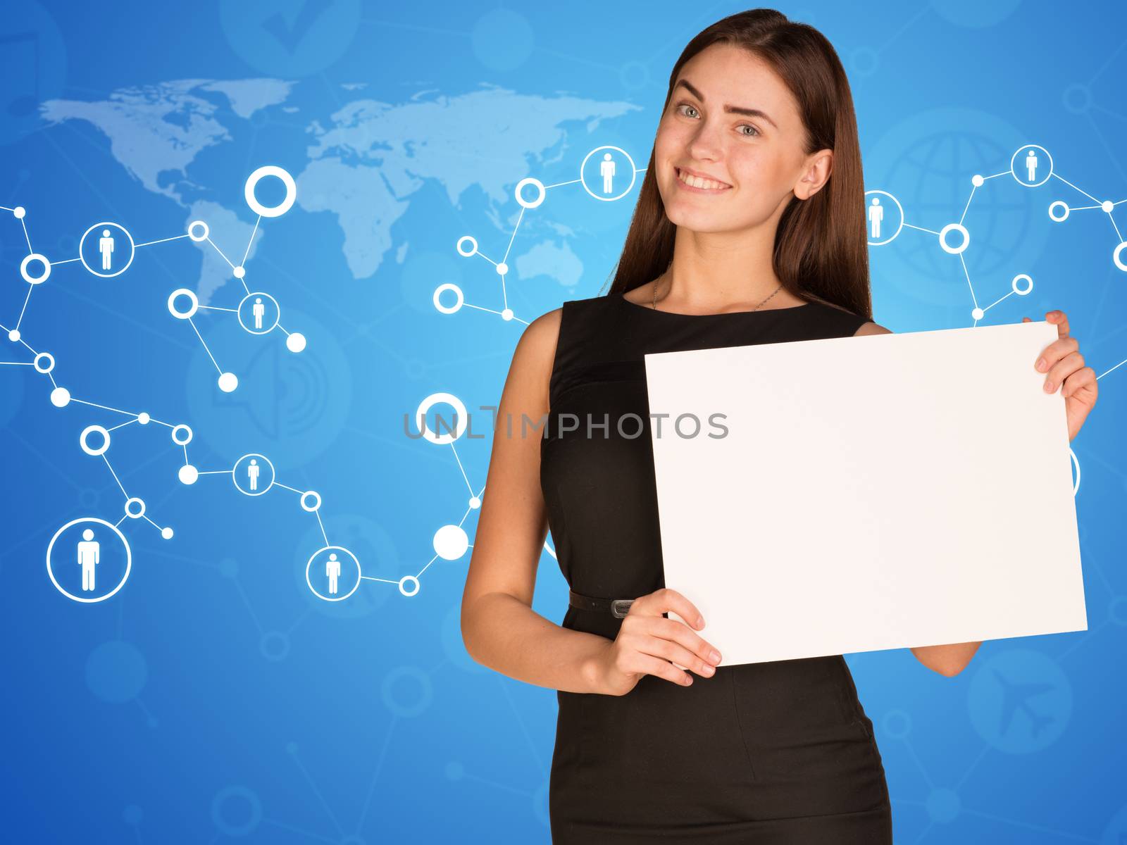 Businesswoman with world map and contacts by cherezoff