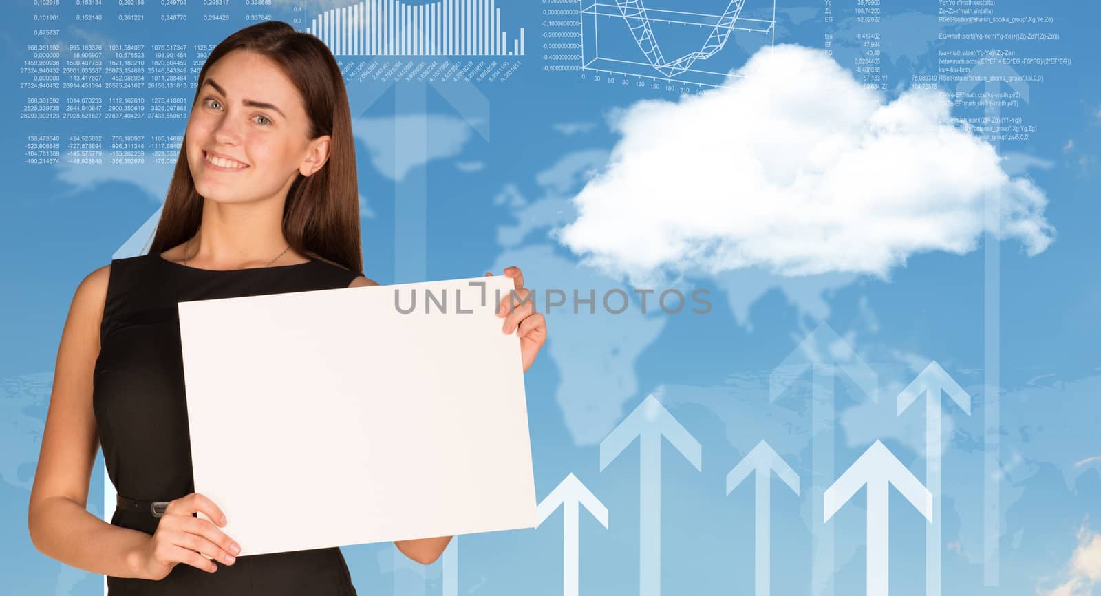 Businesswoman hold paper sheet. Cloud, world map and arrows as backdrop