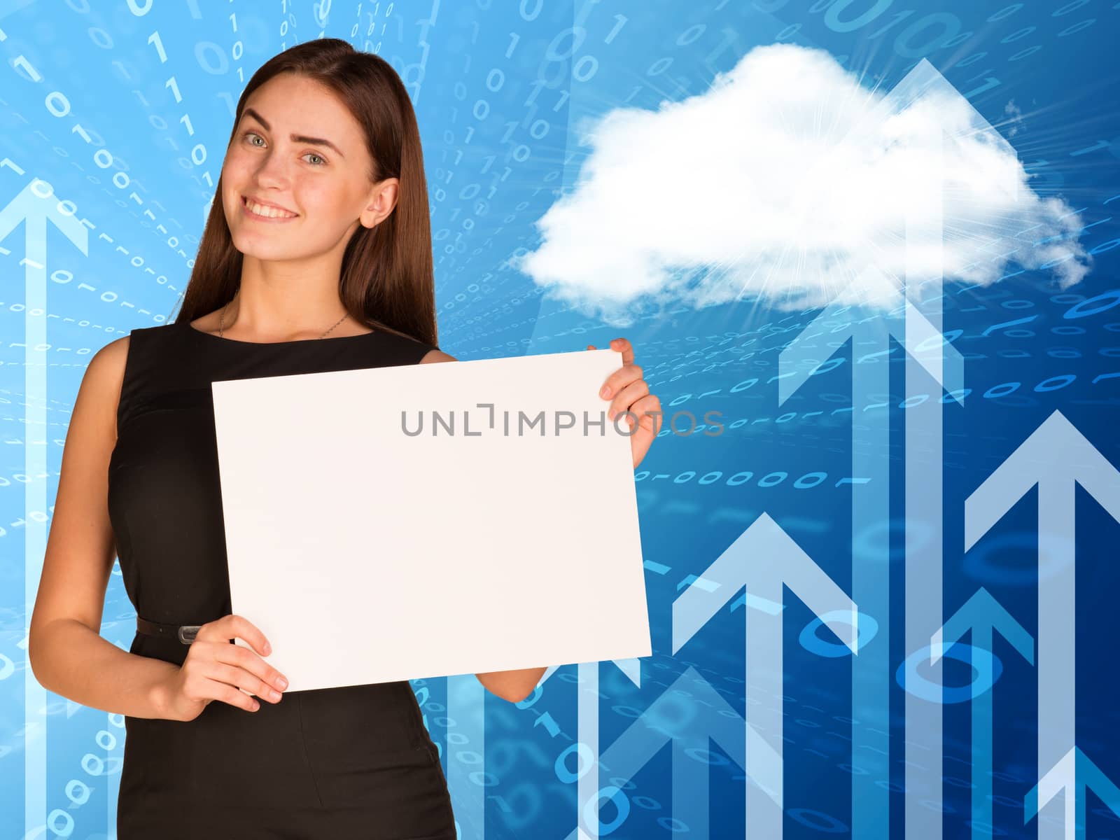 Businesswoman holding paper sheet. White cloud, figures and arrows as backdrop