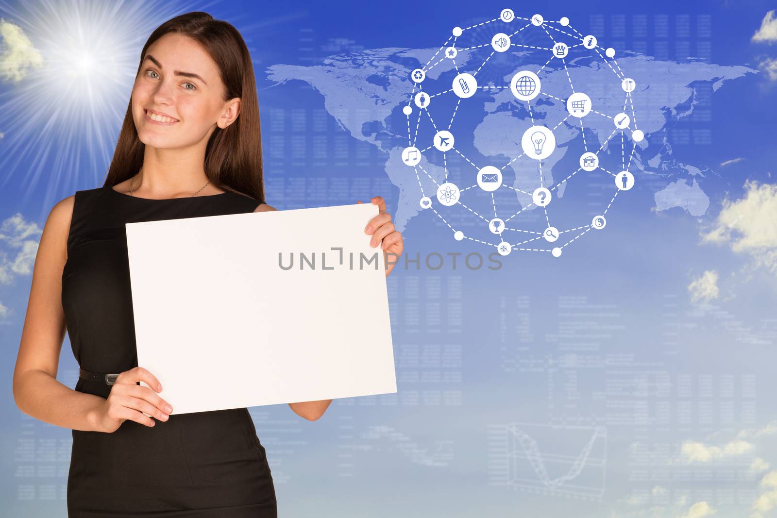 Businesswoman with world map and app icons by cherezoff