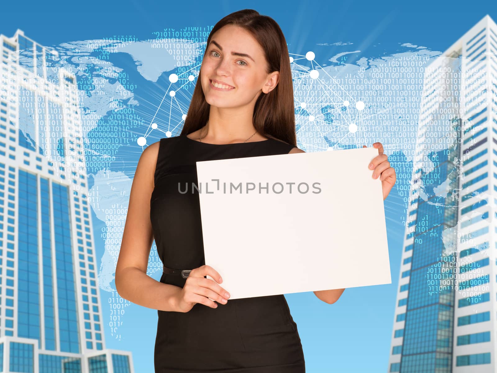 Businesswoman with world map and skyscrapers by cherezoff