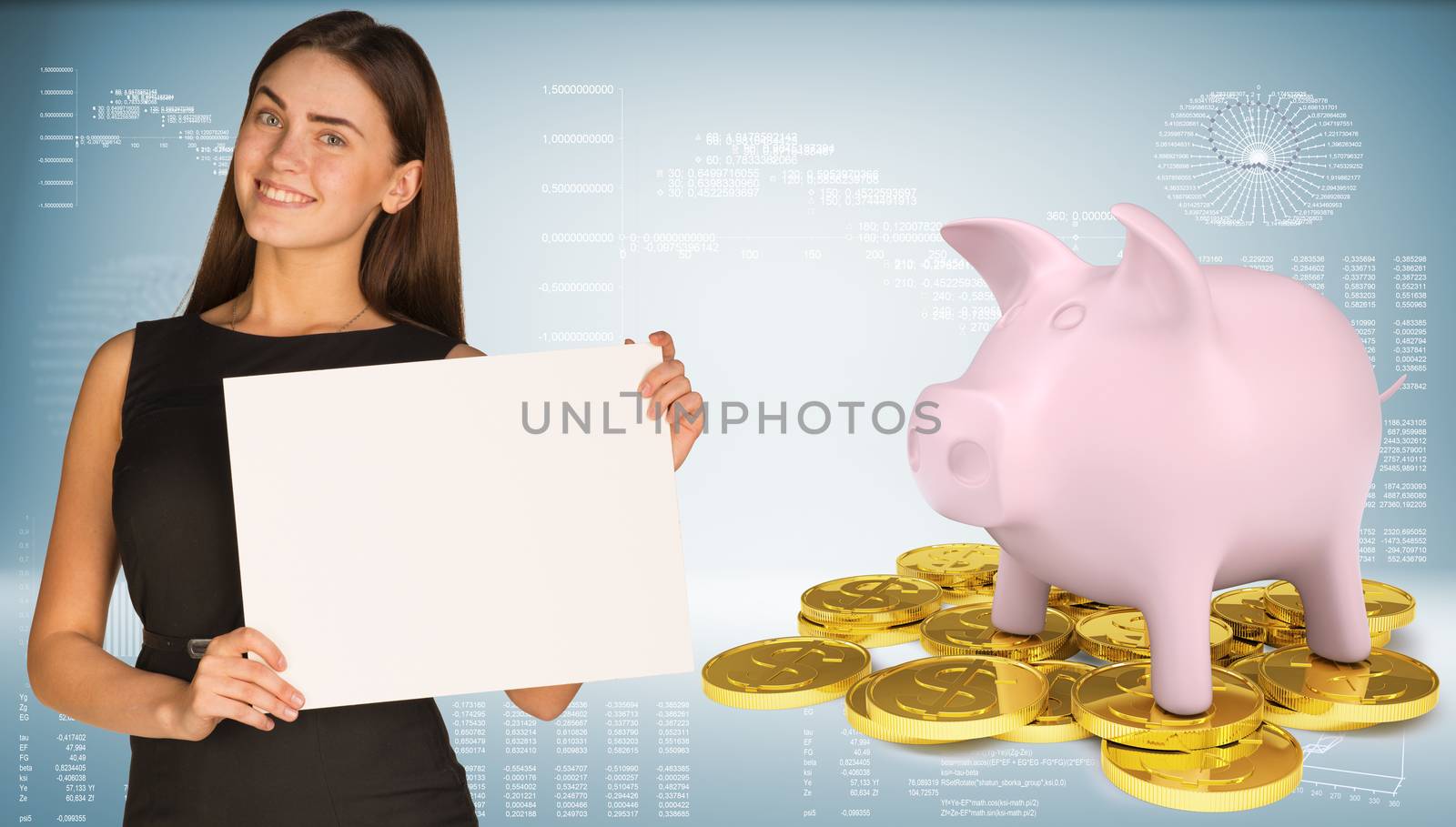 Businesswoman hold white paper. Piggy bank with gold coins by cherezoff