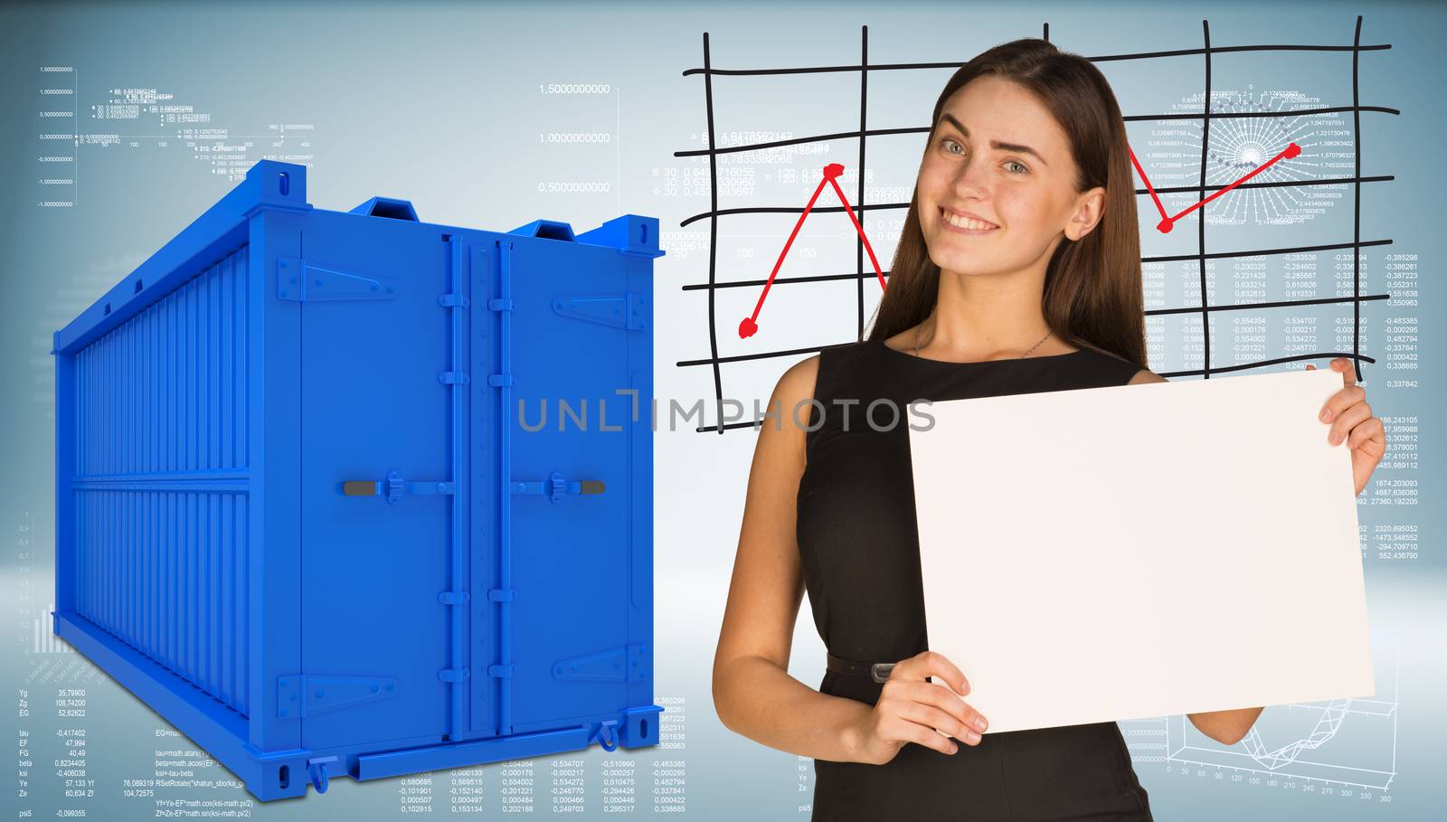 Businesswoman hold white paper. Freight shipping container and graphs as backdrop