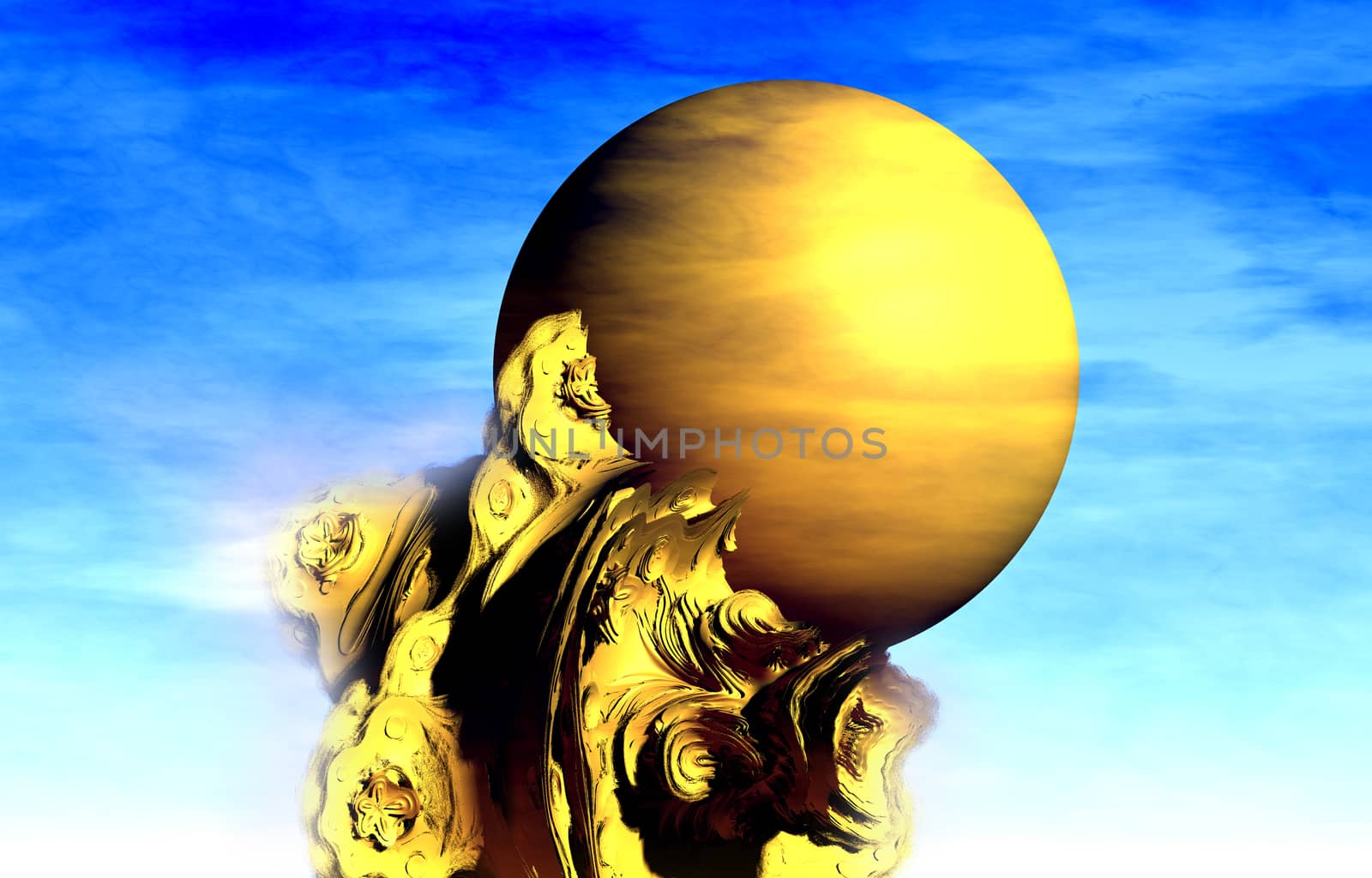 Golden sphere with sky background