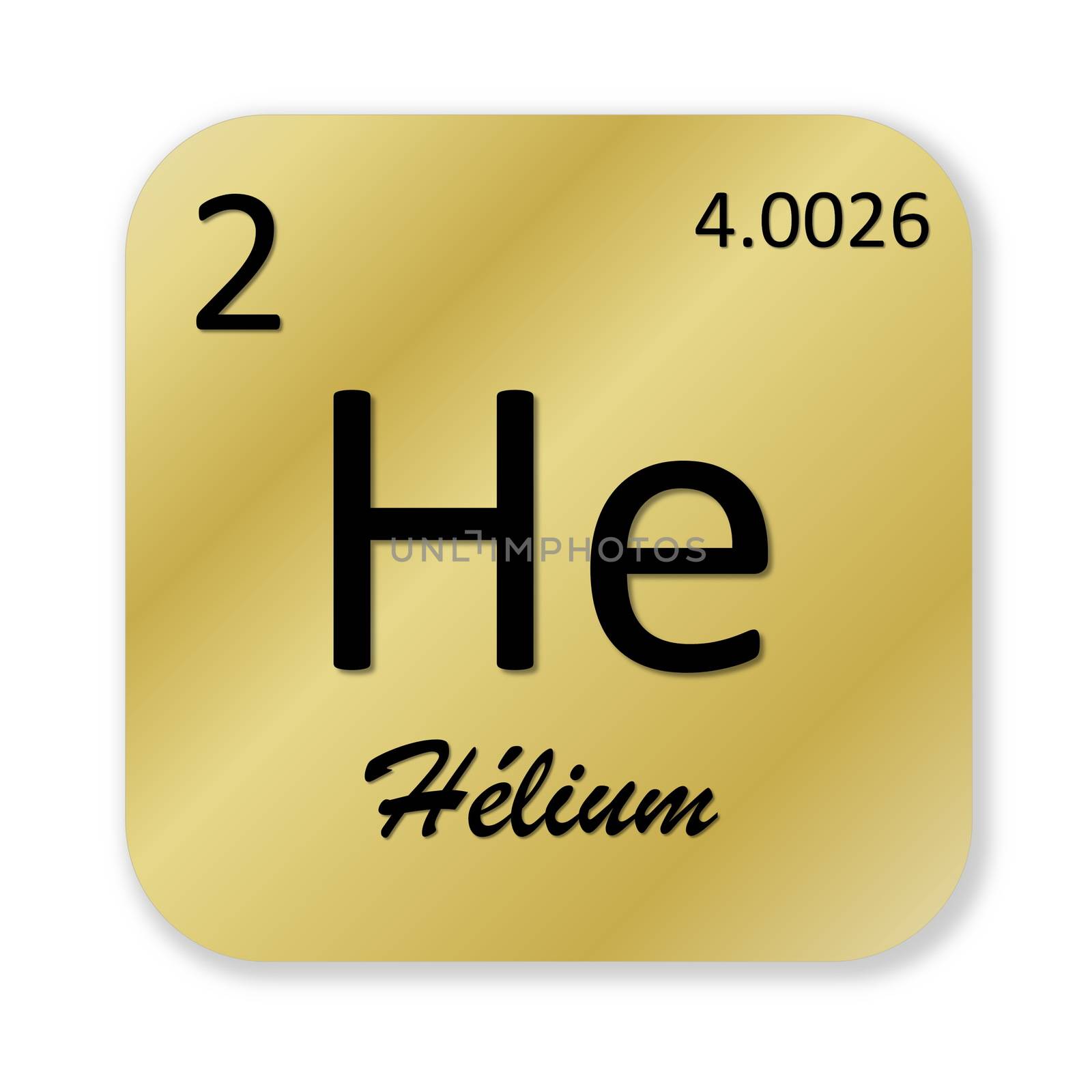 Black helium element, french, into golden square shape isolated in white background