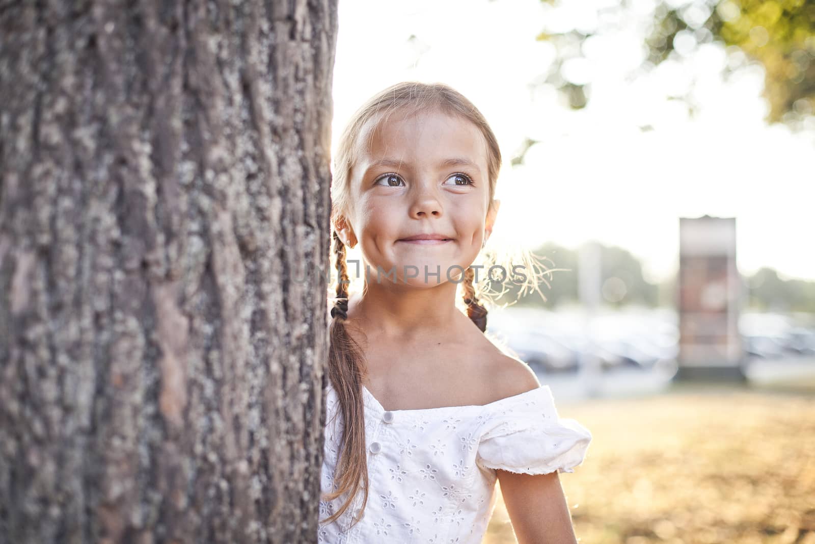 Young girl is hiding behind the tree in a city park