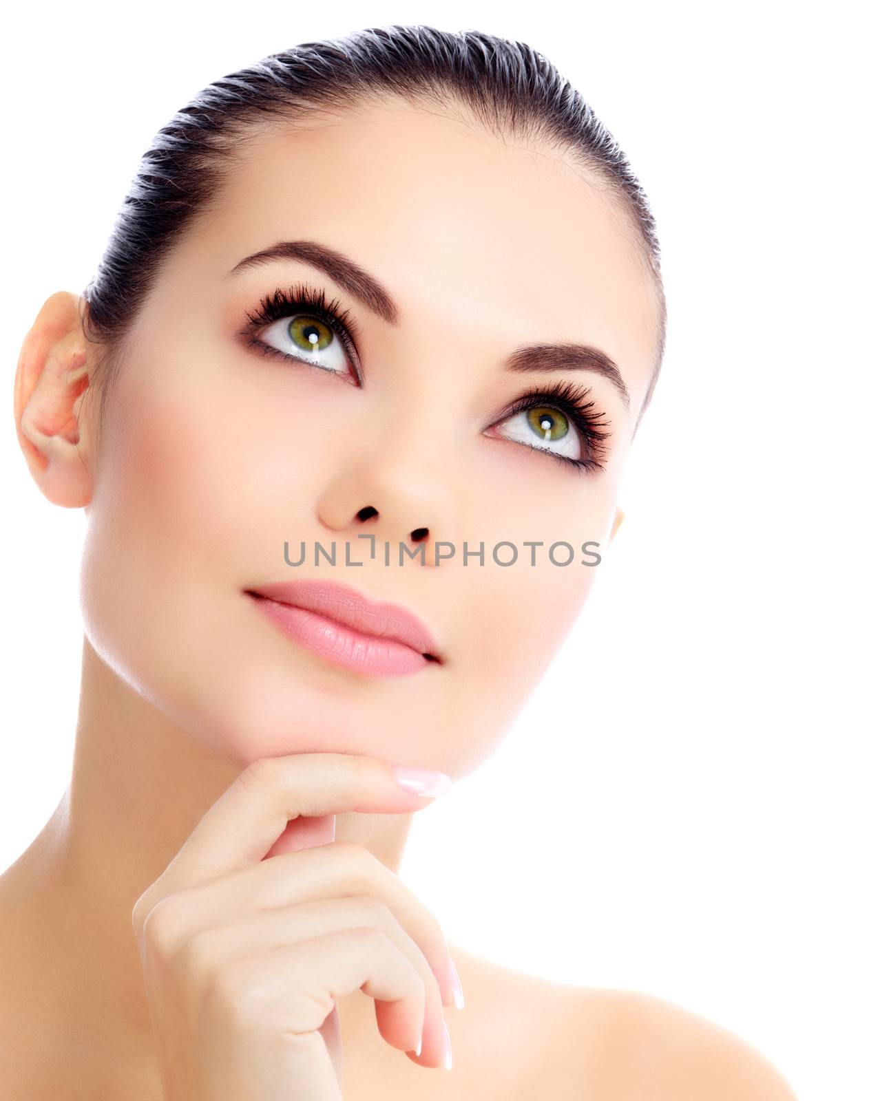 Beautiful girl with clean fresh skin, white background