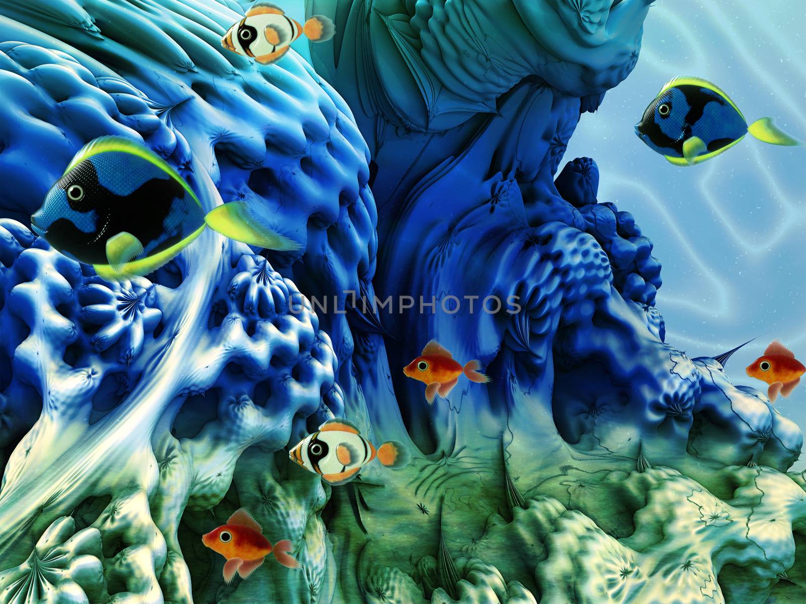 Underwater scene with coral plants and tropical fishes.