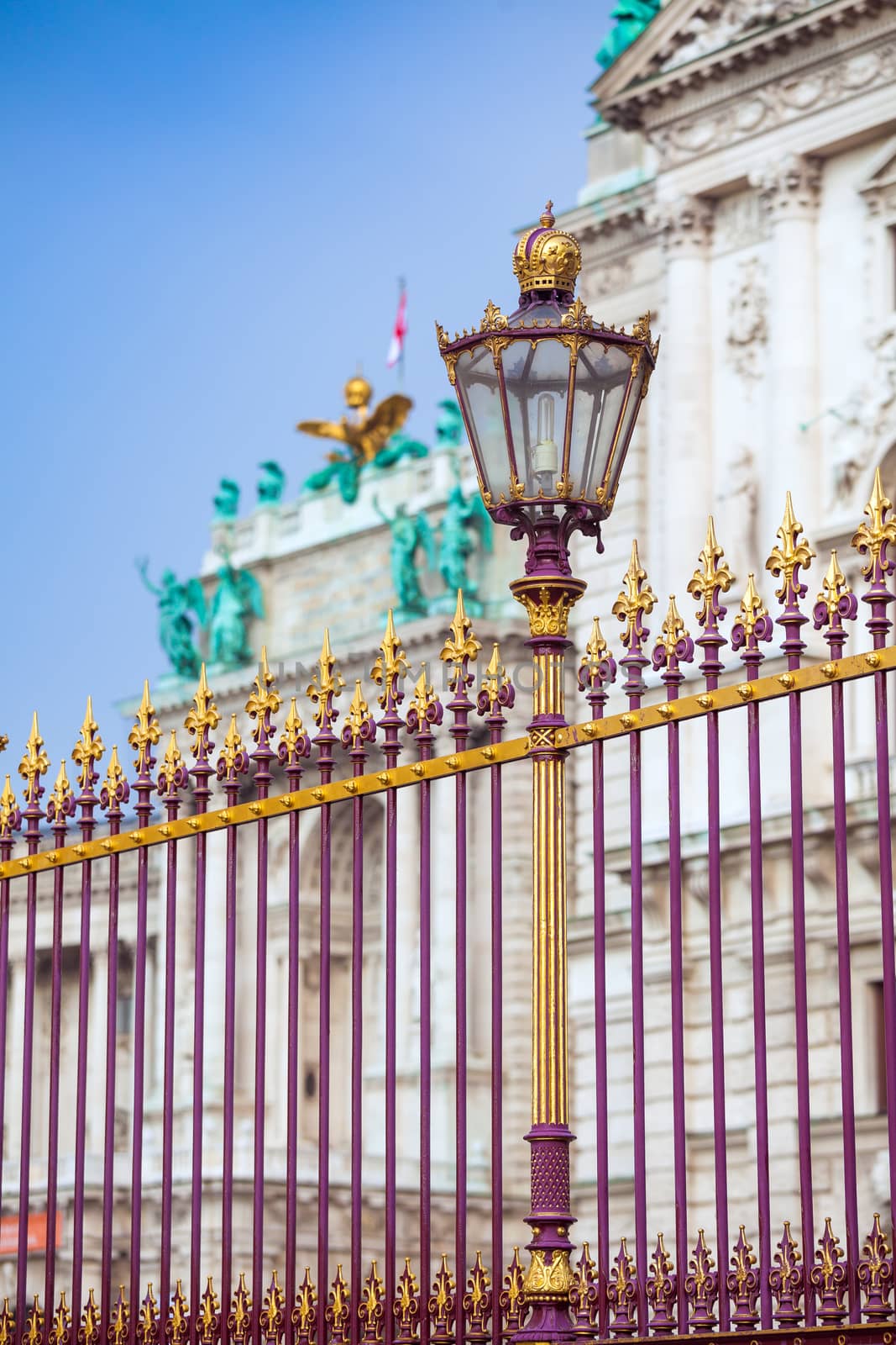VIENNA, AUSTRIA - AUGUST 4, 2013: Congress Center golden fence and architecture detail in Vienna, Austria