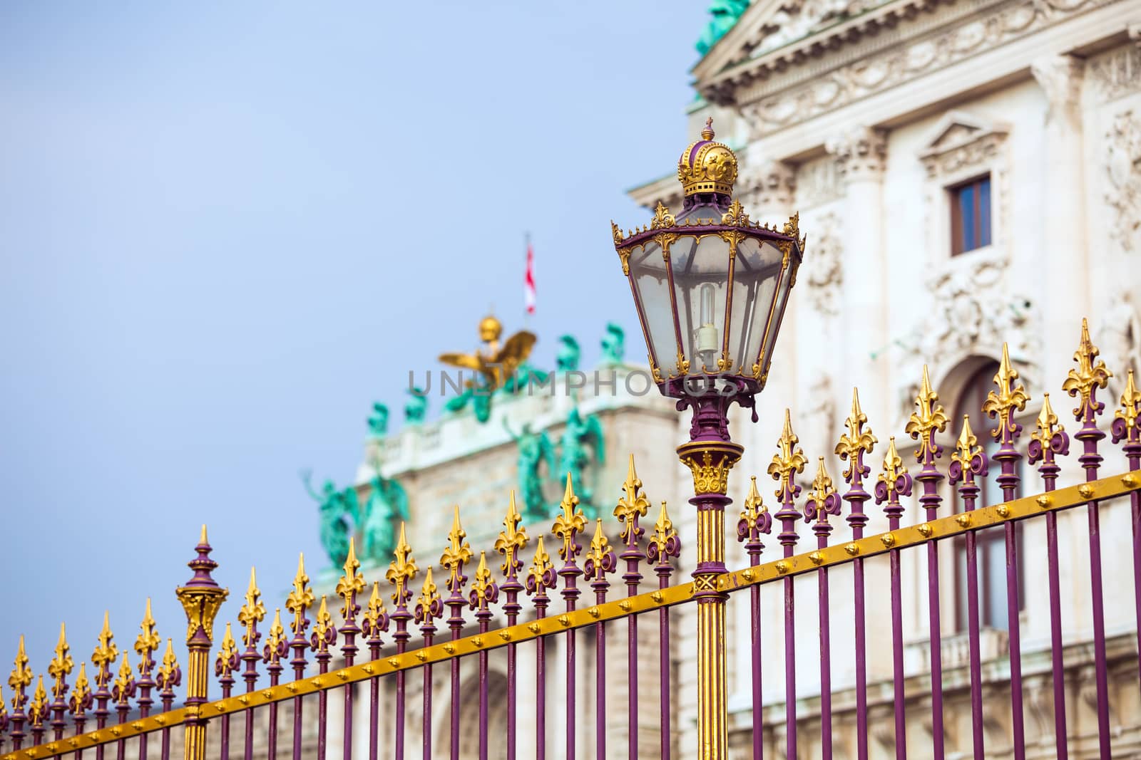 VIENNA, AUSTRIA - AUGUST 4, 2013: Congress Center golden fence and architecture detail in Vienna, Austria