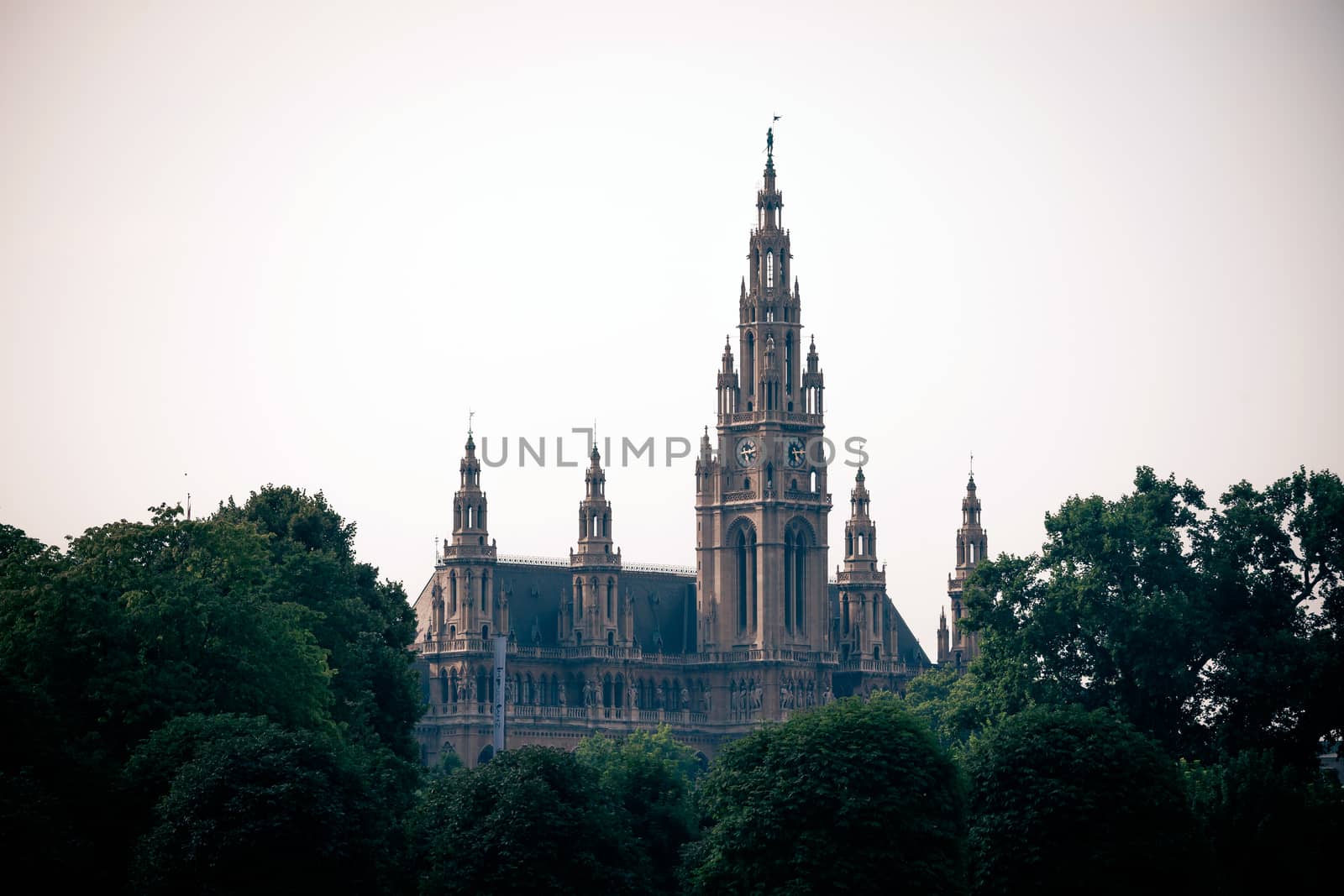 VIENNA, AUSTRIA - AUGUST 4, 2013: Gothic building tower of Vienna city hall, Rathause, at night, Austria
