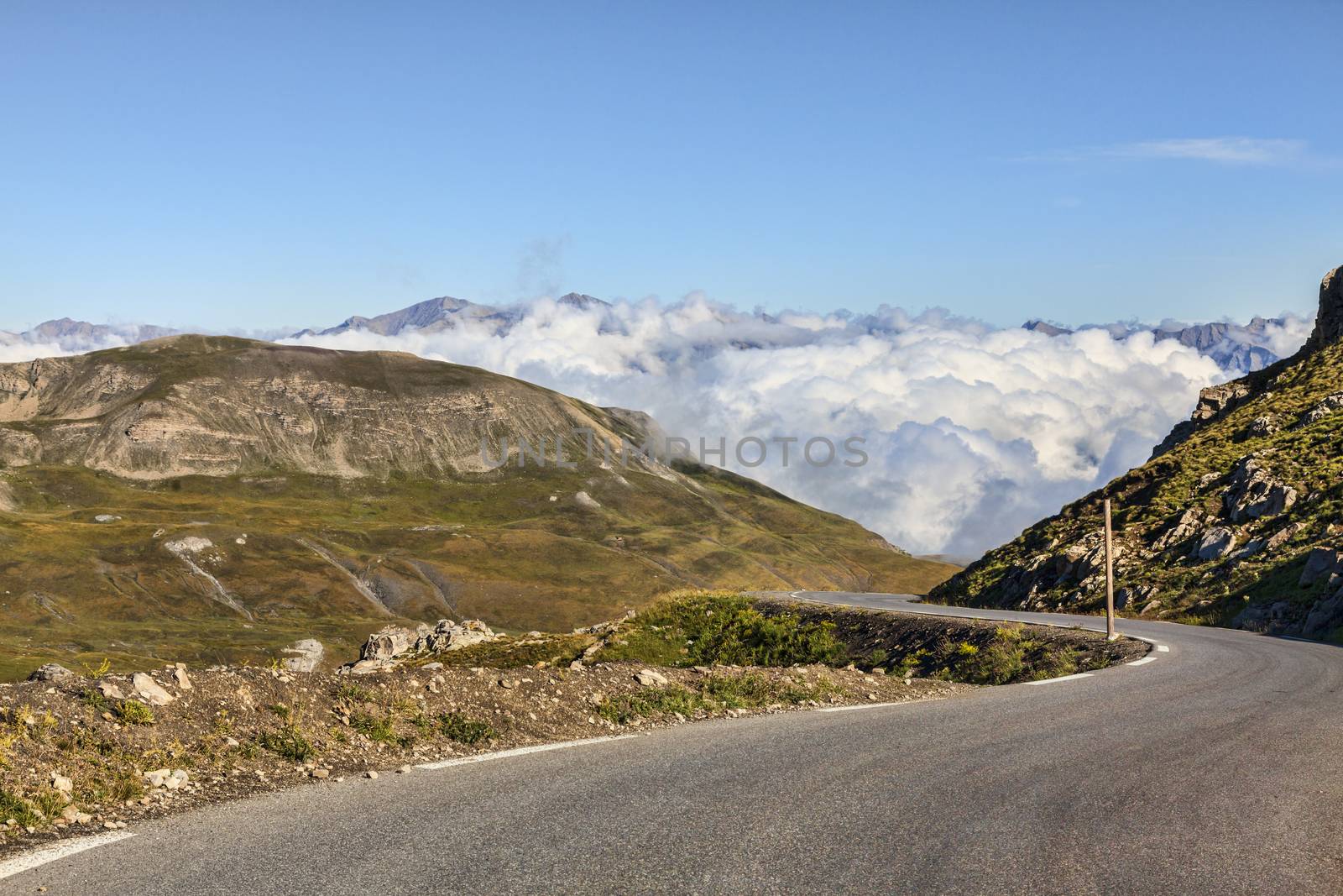 Image of the highest part of the road to Cime de la Bonette which is the highest asphalted road (2860 m) in Europe. It is located at the border between the  Alpes-Maritimes and Alpes-de-Haute-Provence in the Mercantour National Park in soth of France.