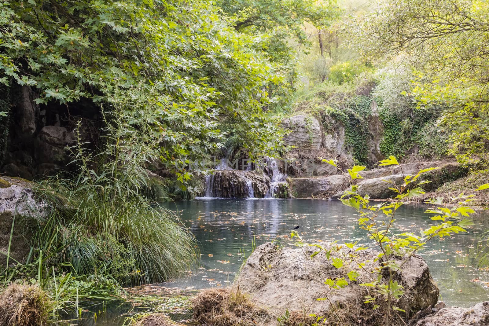 Mountain Lake and Waterfall. Greece, Messinia 