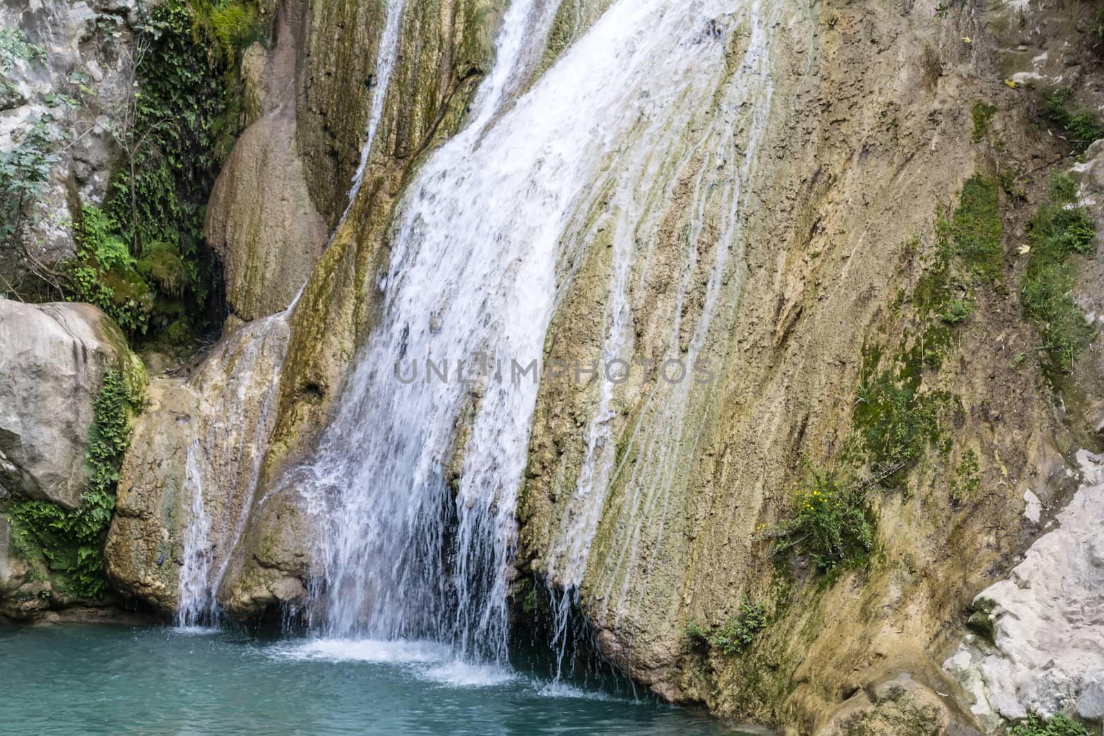 Mountain Lake and Waterfall. Greece, Messinia 