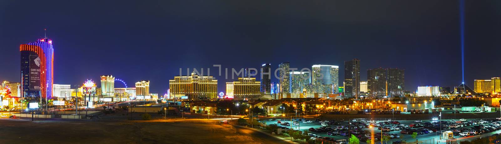 LAS VEGAS - April 19: Overview of downtown Las Vegas in the evening on April 19, 2014 in Las Vegas. It's the most populous city in the state of Nevada and the county seat of Clark County.