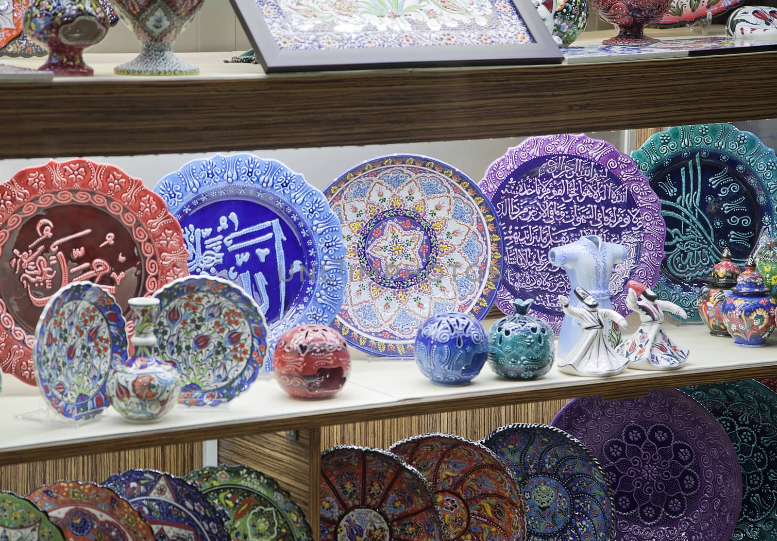 Traditional turkish souvenir plates on a shelf