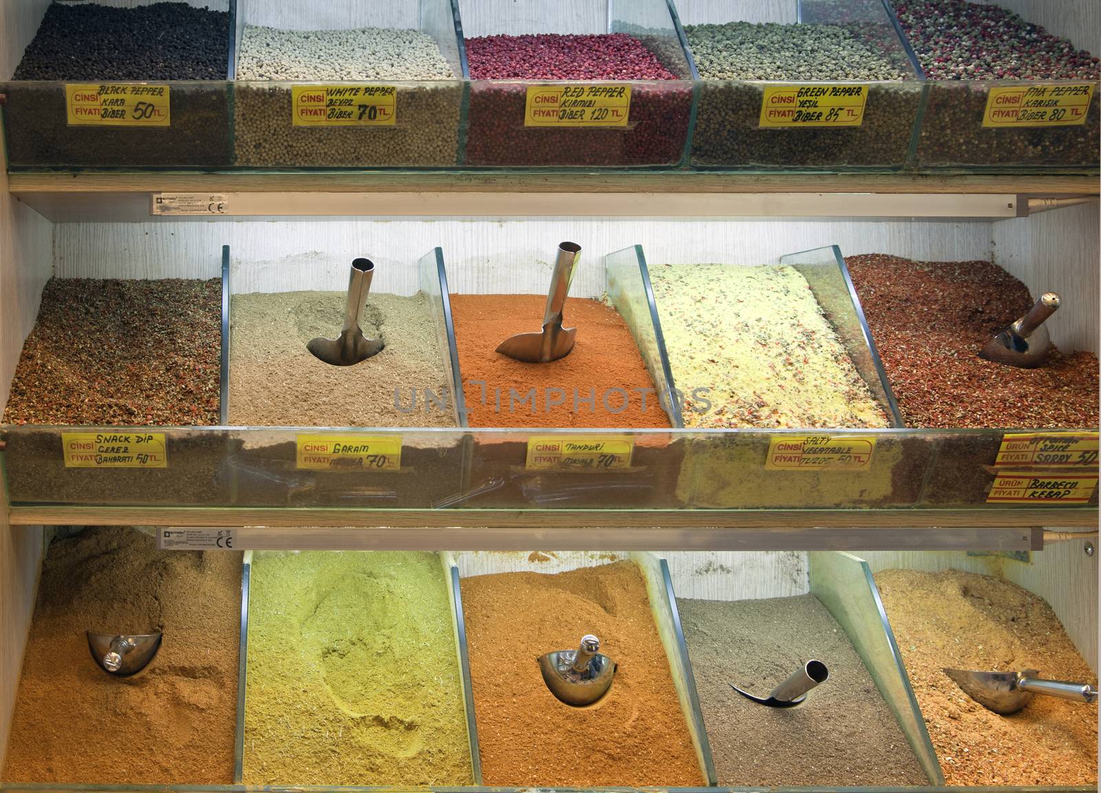 Various spices with scoops on a turkish bazaar