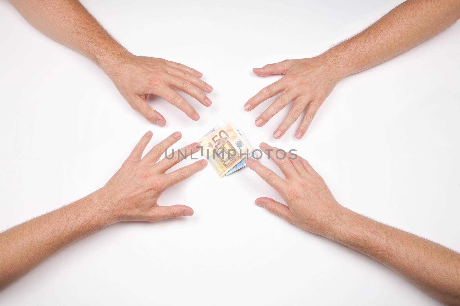 hand of four men and wad of euros on white background