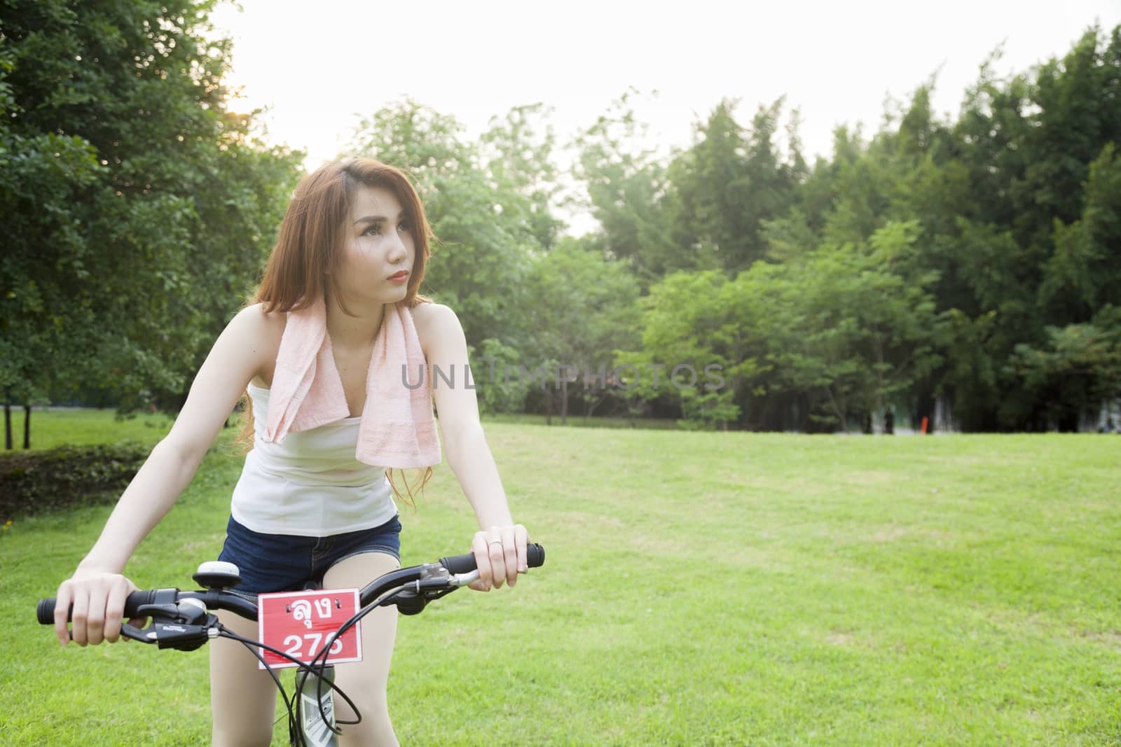 Woman riding an exercise bike in the park. On the lawn in the evening.