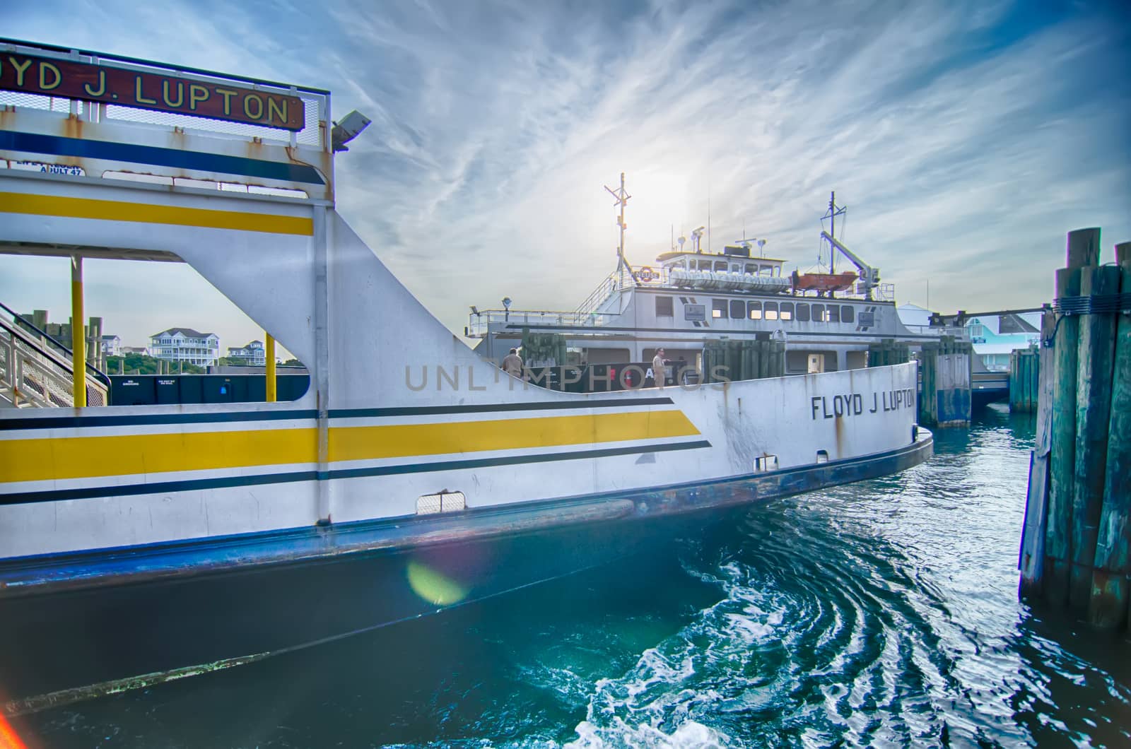 Hatteras, NC, USA - August 8, 2014 :  ferry transport boat at cape hatteras outer banks
