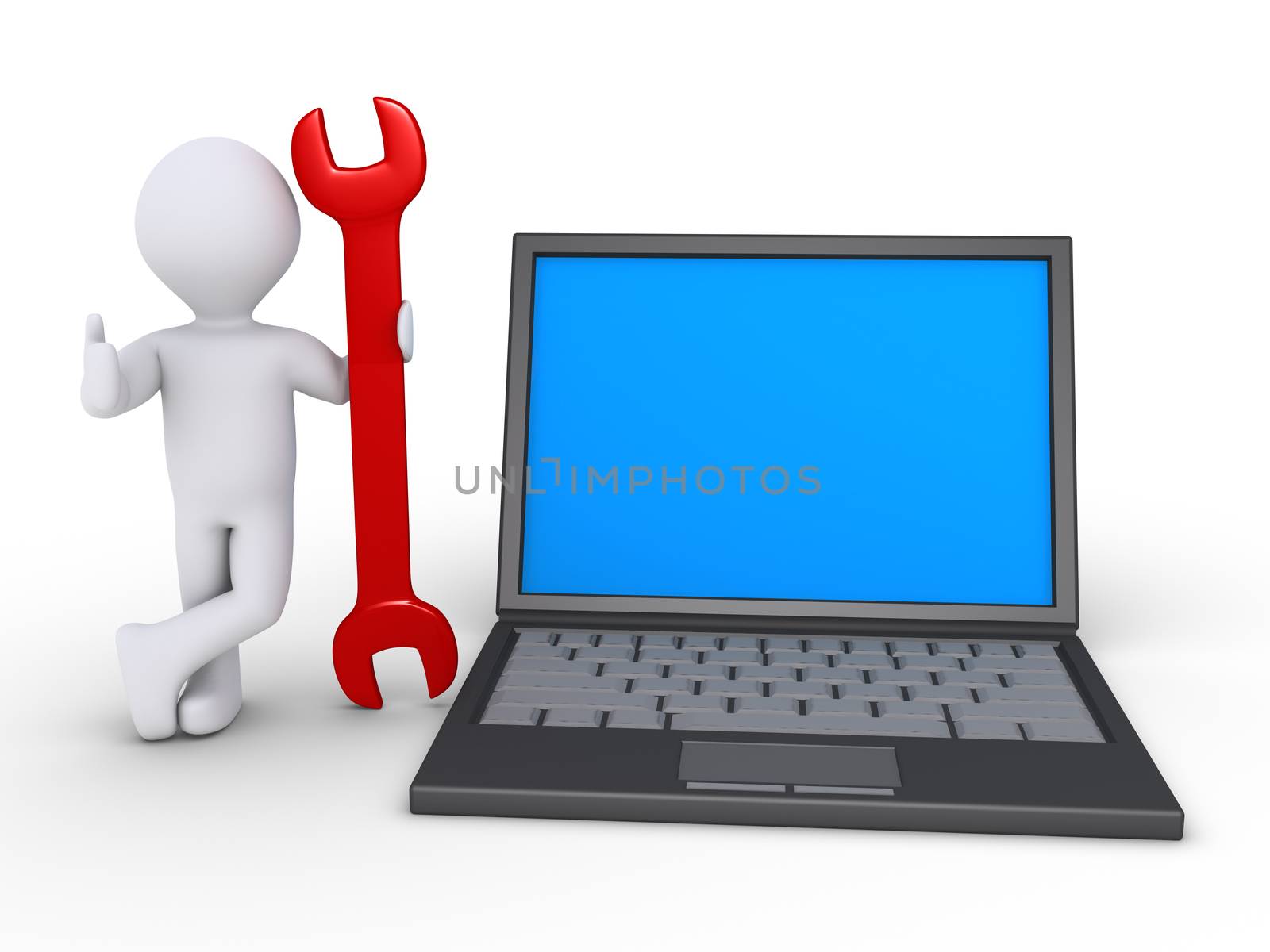 3d person with a wrench is standing beside an opened laptop