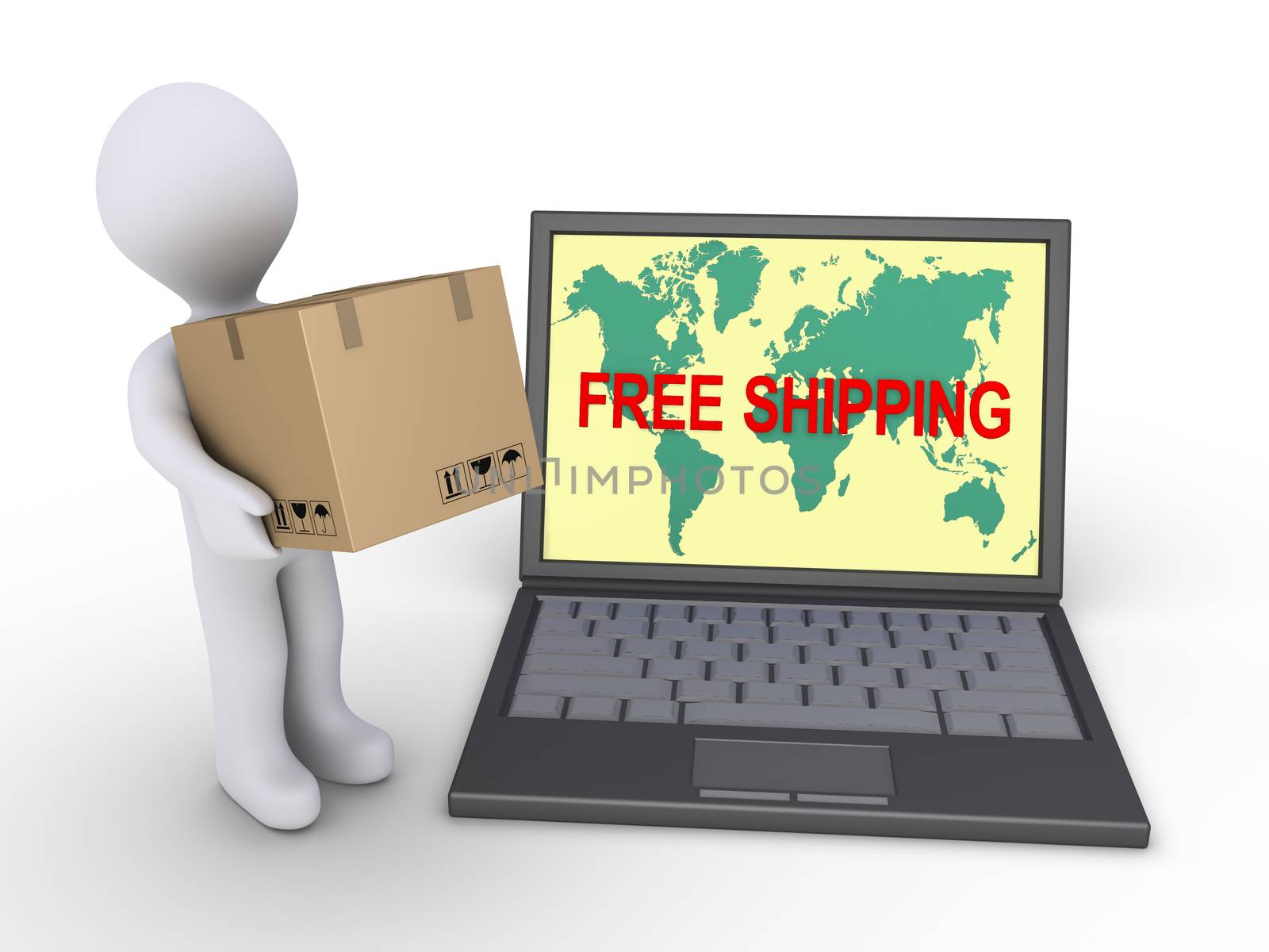 Person with cardboard box is next to laptop with the world map and FREE SHIPPING text
