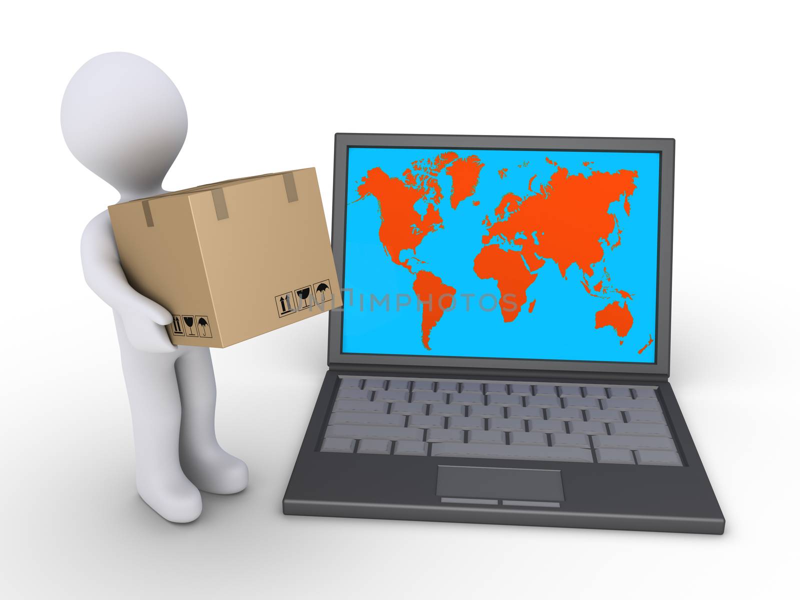 3d person holding a cardboard box is beside a laptop with the world map