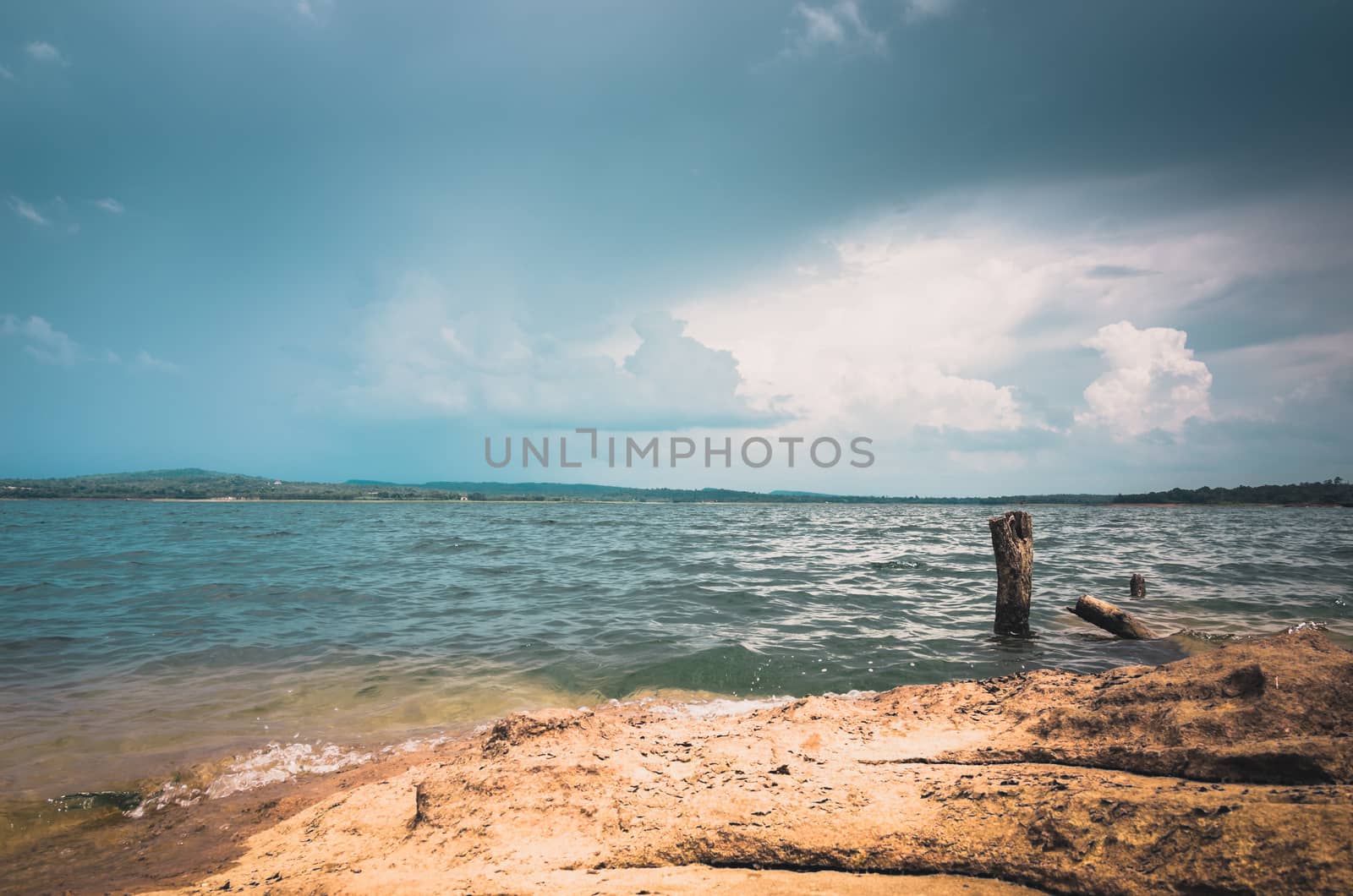 Water and sky in  the Reservoir embankment Sirinthorn Ubonratchatani Thailand vintage