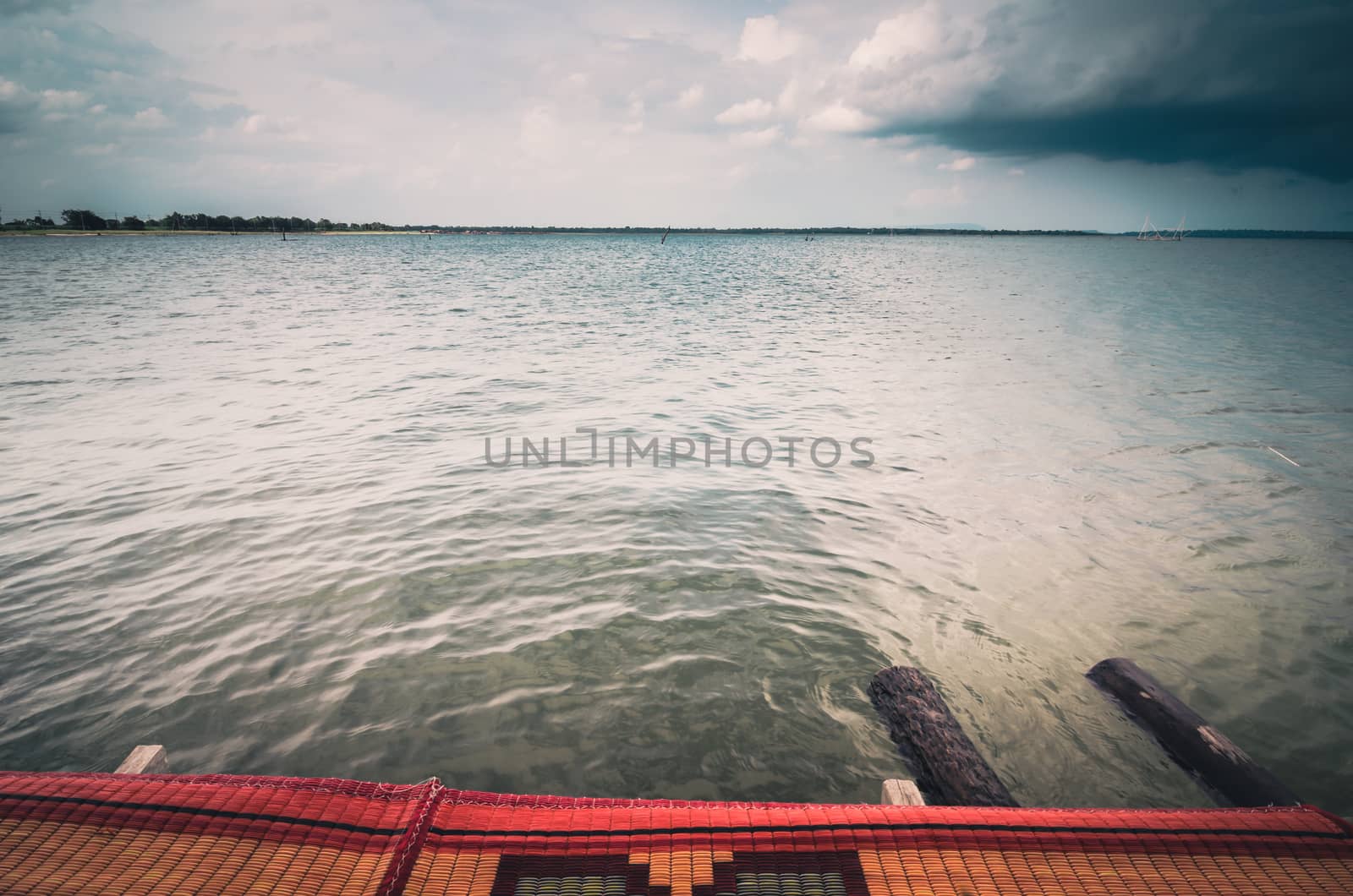 Water and sky in  the Reservoir embankment Sirinthorn Ubonratchatani Thailand vintage