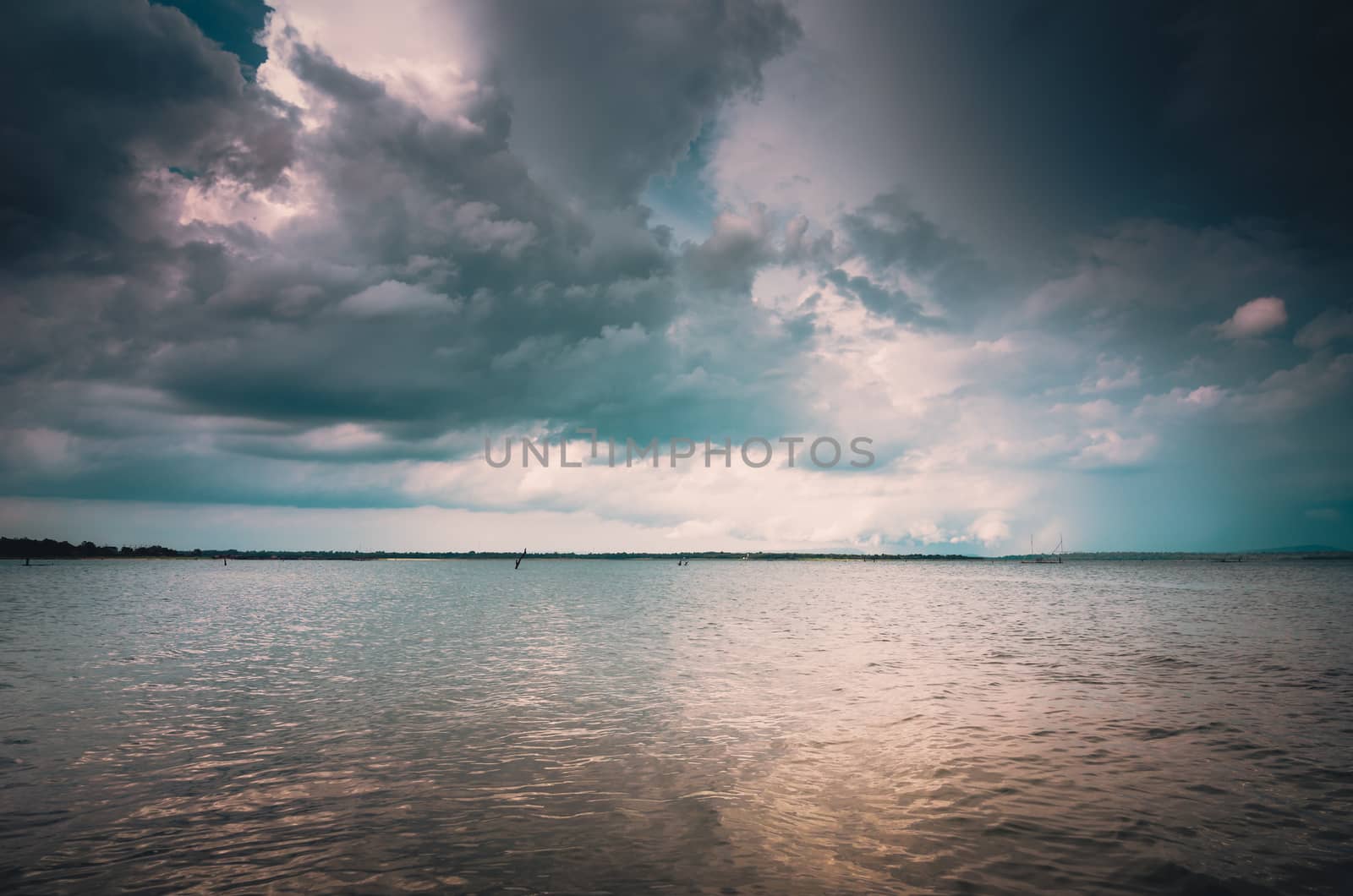 Water and sky in  the Reservoir embankment Sirinthorn Ubonratchatani Thailand vintage