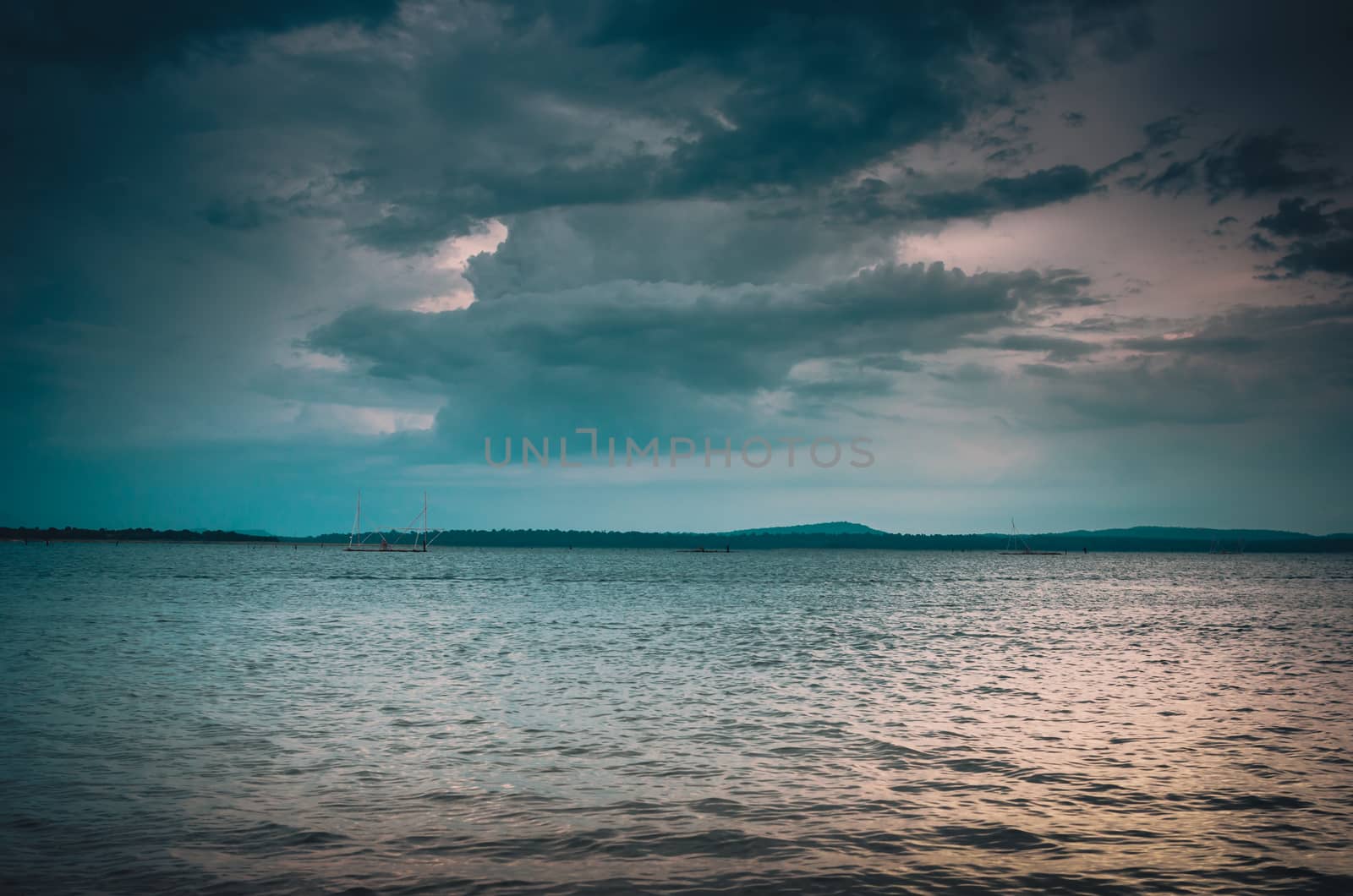 Water and sky in  the Reservoir embankment Sirinthorn Ubonratchatani Thailand vintage