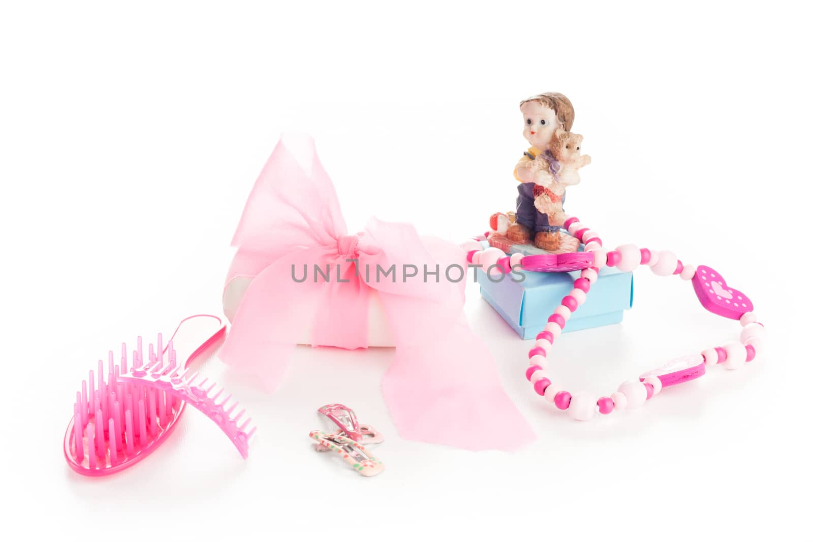 little girl beauty fashion pink accessories, necklace, comb, soap