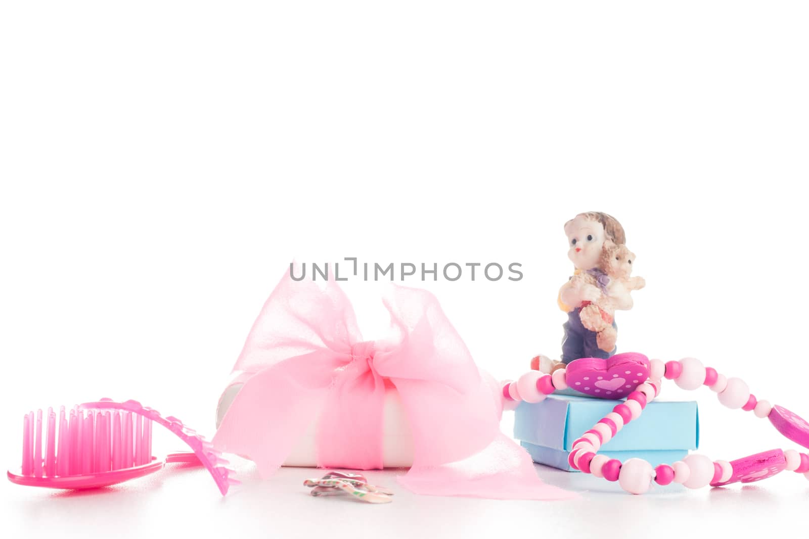 little girl beauty fashion pink accessories, necklace, comb, soap