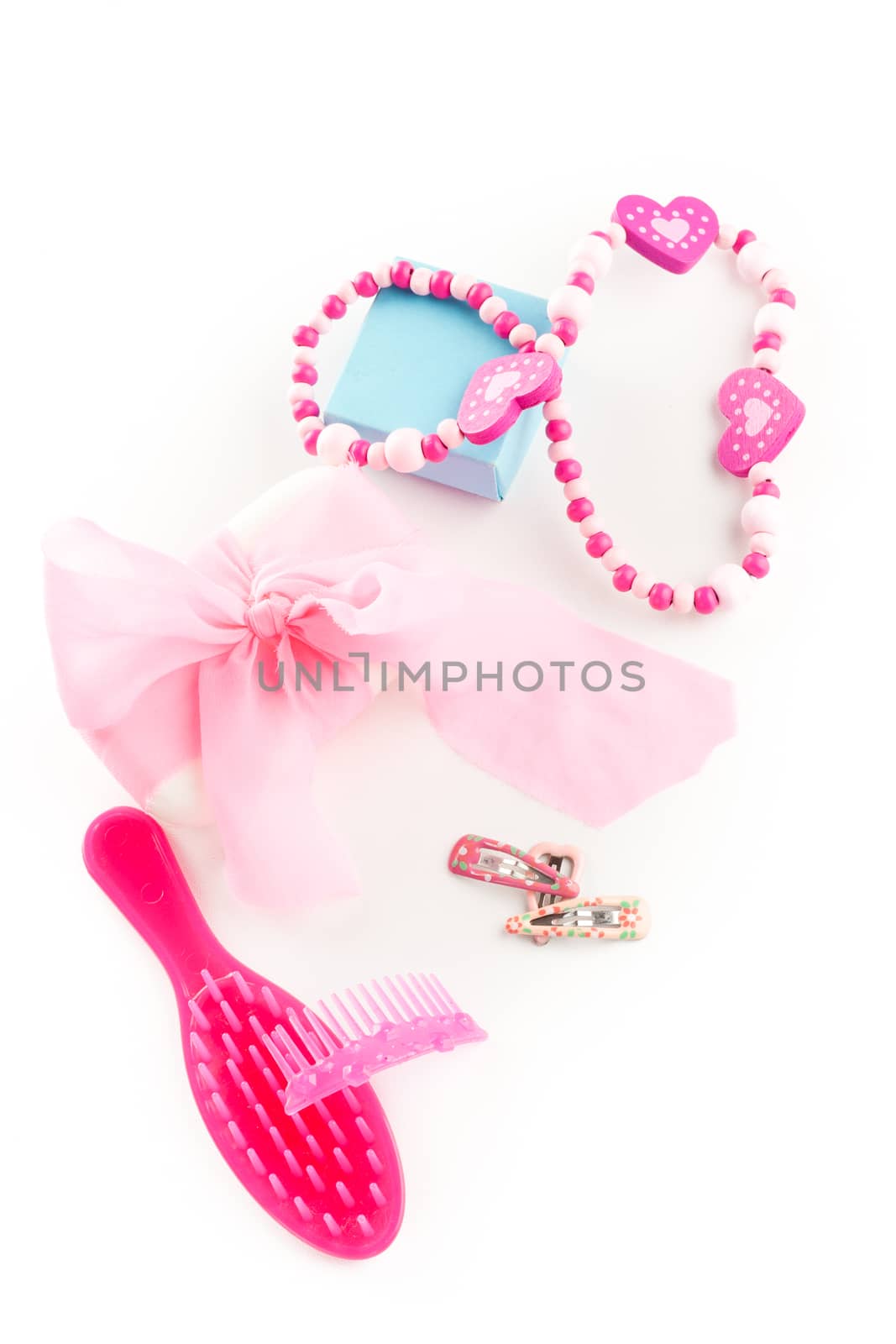 little girl beauty fashion pink accessories, necklace, soap, comb