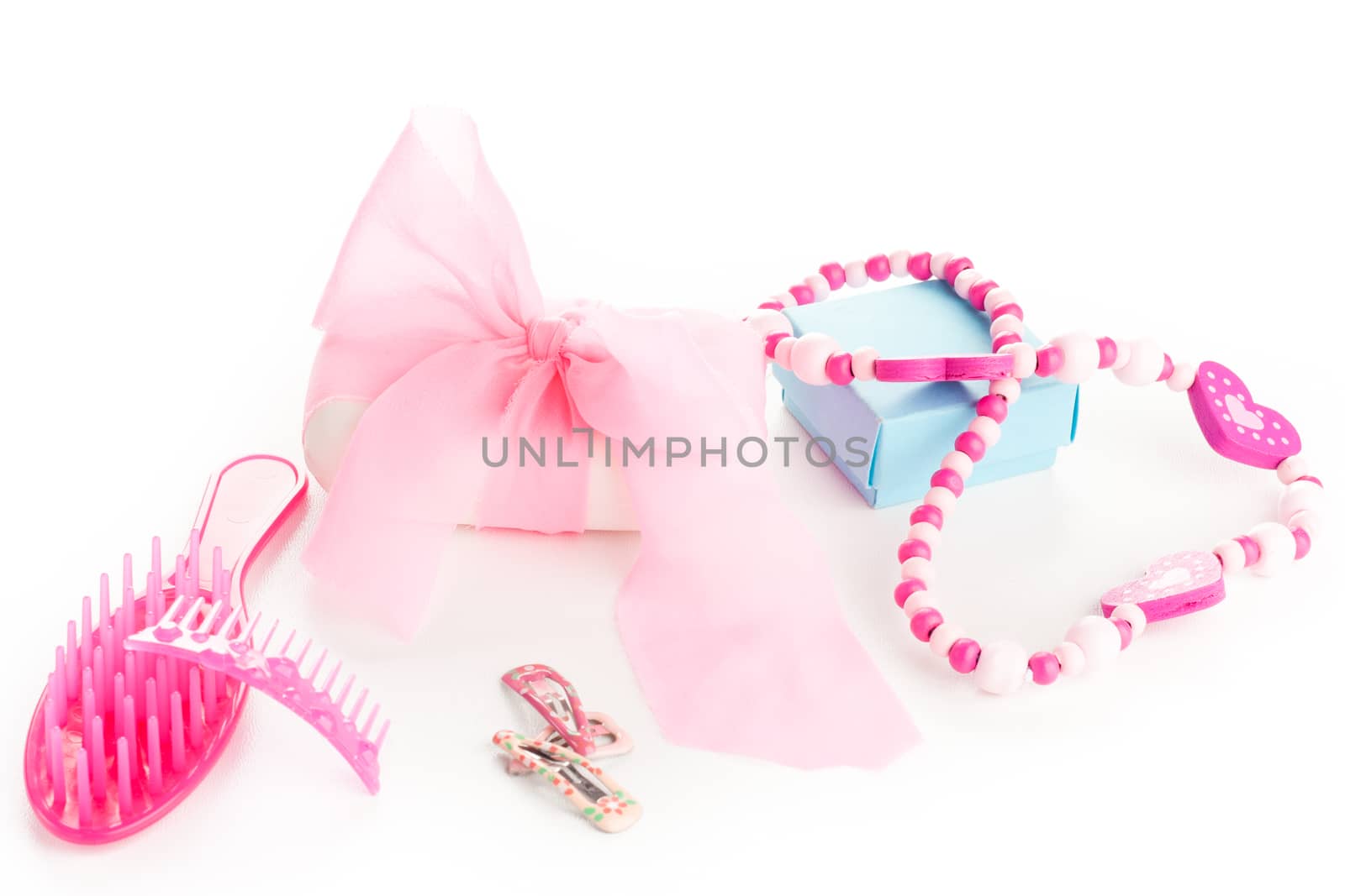 little girl beauty fashion pink accessories, necklace, soap, comb