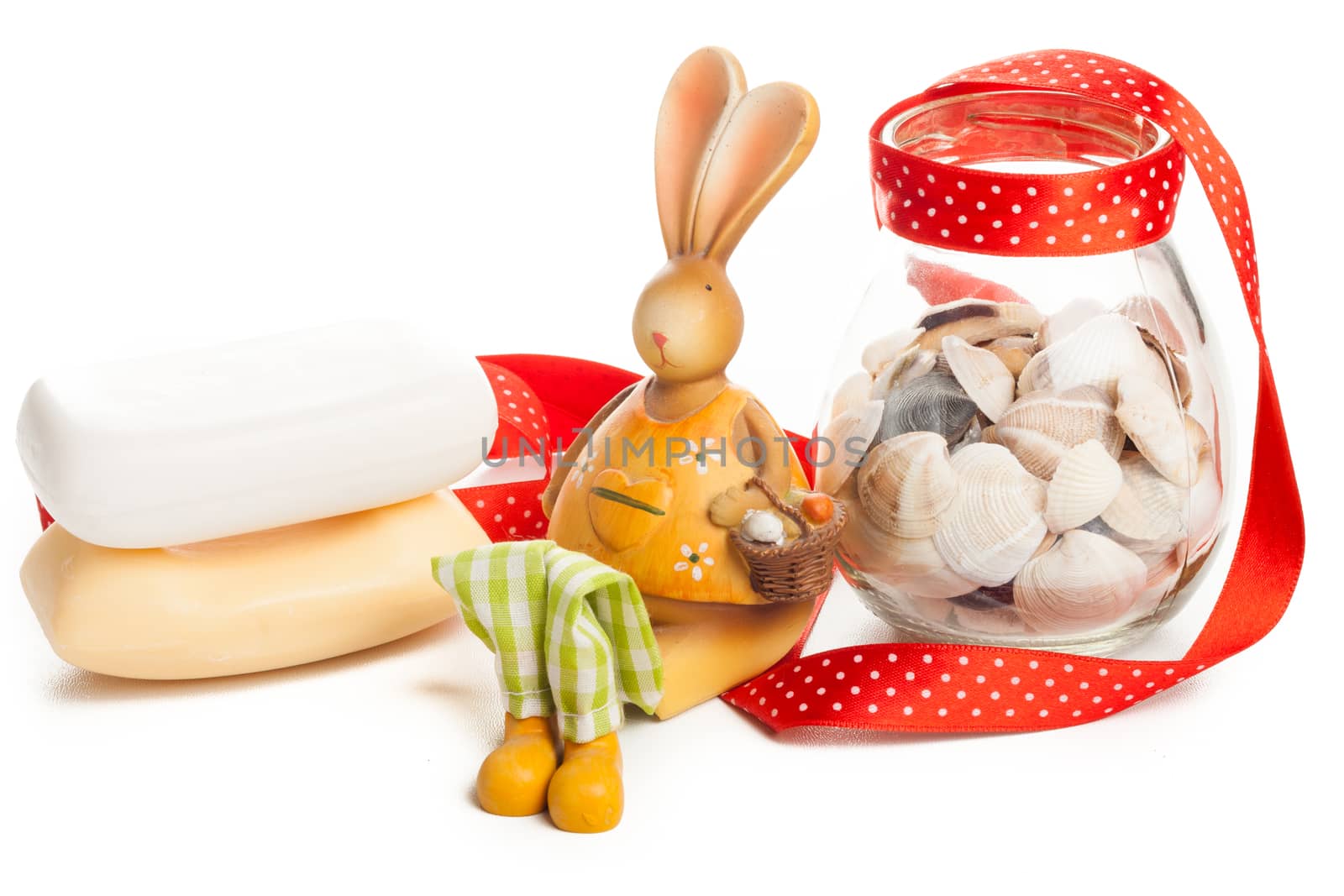 orange bunny with jar of sea clams and red ribbon