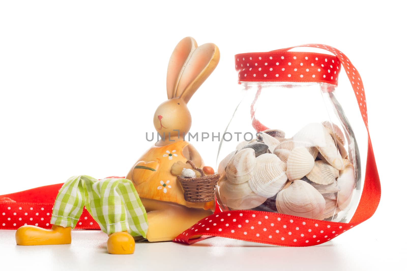 orange bunny with jar of sea clams and red ribbon