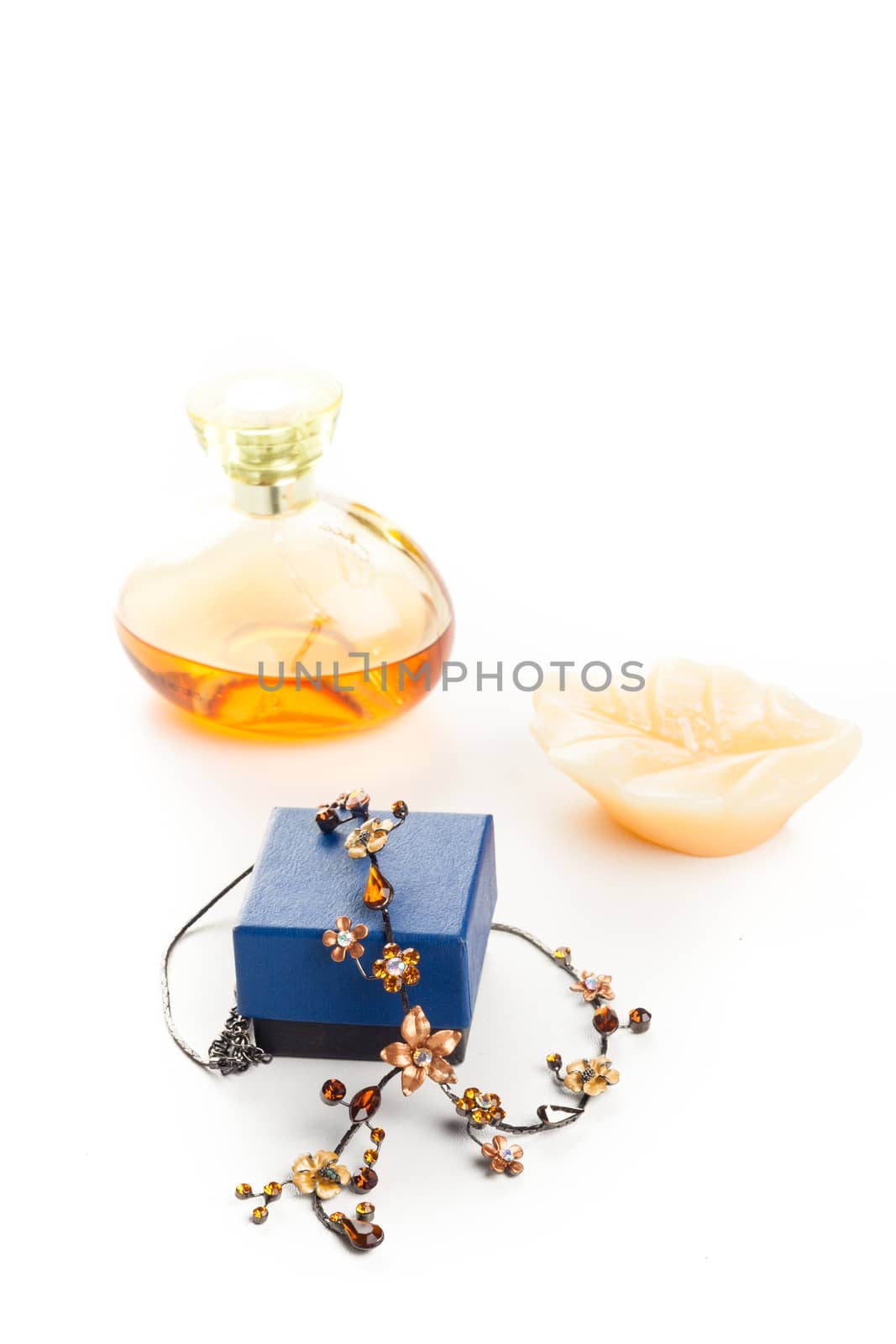 fashion necklace with box, perfume and aromatic candle