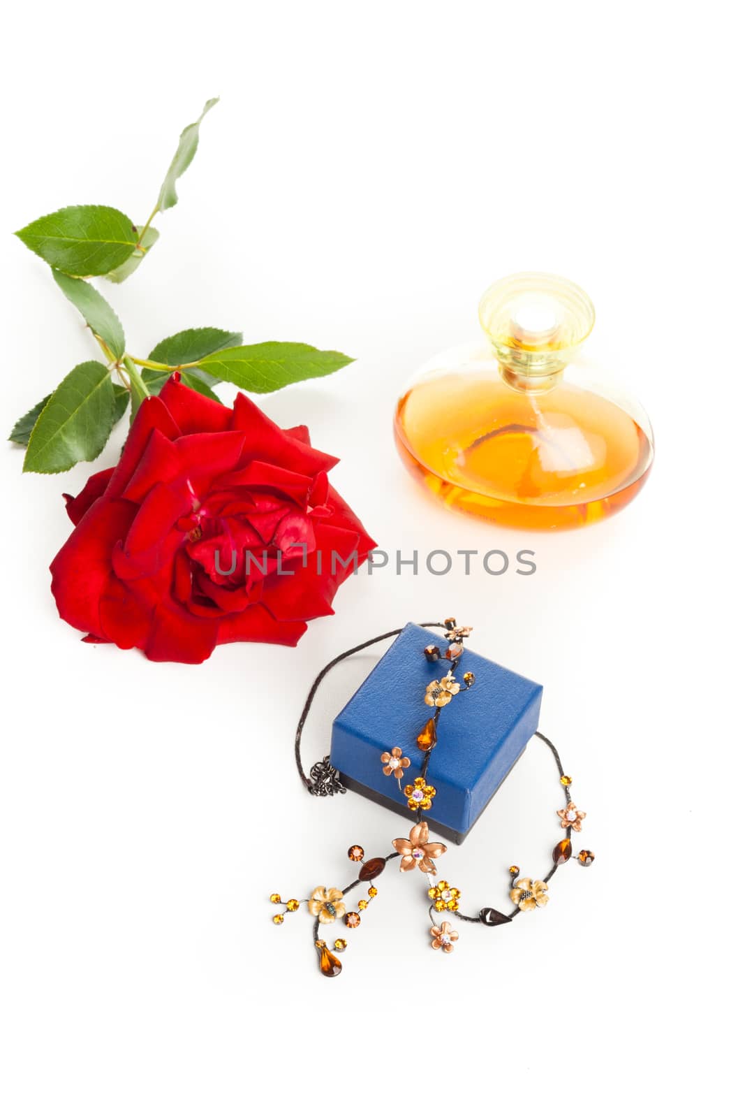 fashion necklace with box, perfume bottle and red rose