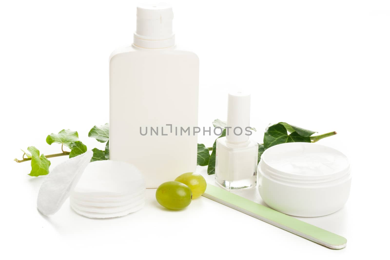 white beauty and cosmetics products, cream, lotion, nail polish